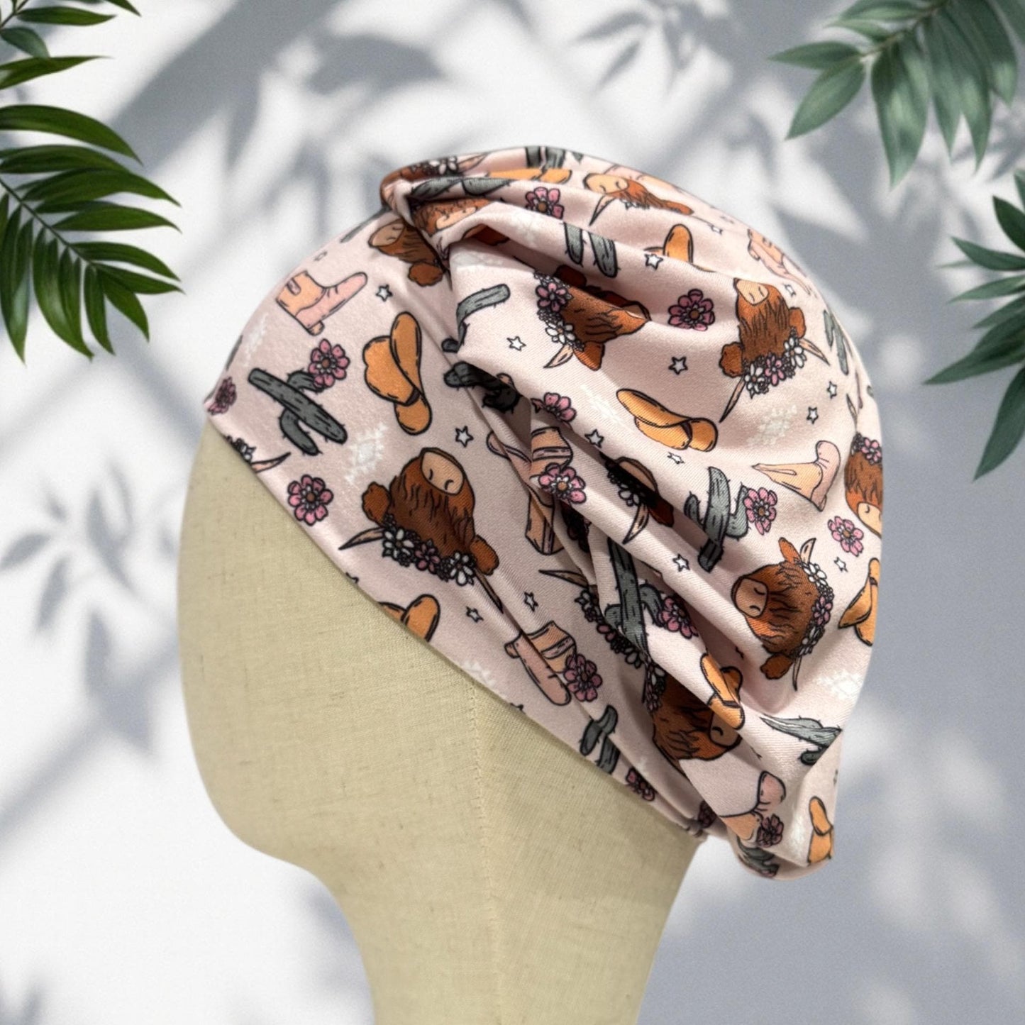 Western Cowgirl Scrub Cap, Highland Cow Boots Hat Cactus Print, Stretchy Bouffant Surgical Hat, Ponytail Friendly Nurse/Doctor OR Cap