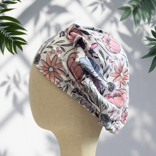 Watercolor Floral Scrub Cap – Pastel Bouffant Stretch Scrub Hat for Nurses, Doctors, Dental & Vet Techs