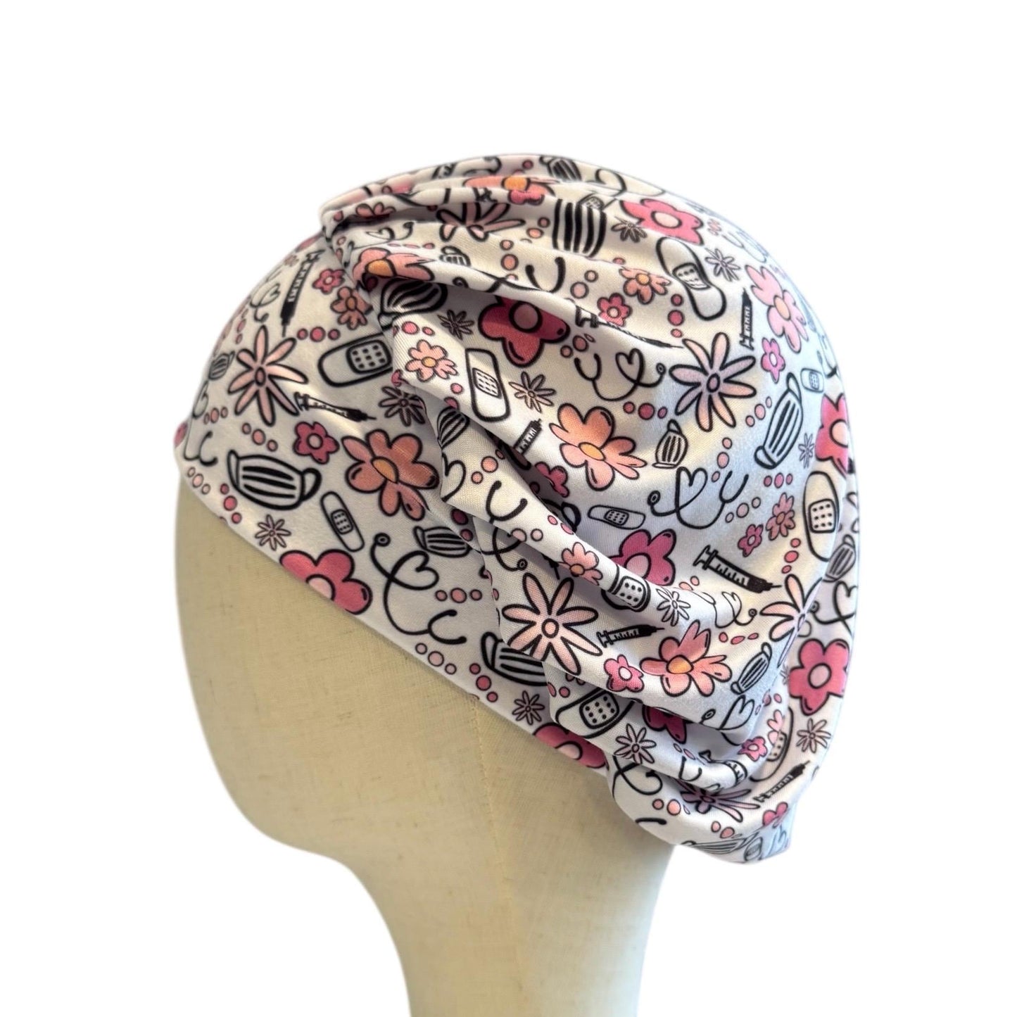 Nurse Bouffant Scrub Cap, Medical Print Surgical Hat, Stethoscope Scrub Hat, Stretchy Hair Cover, RN