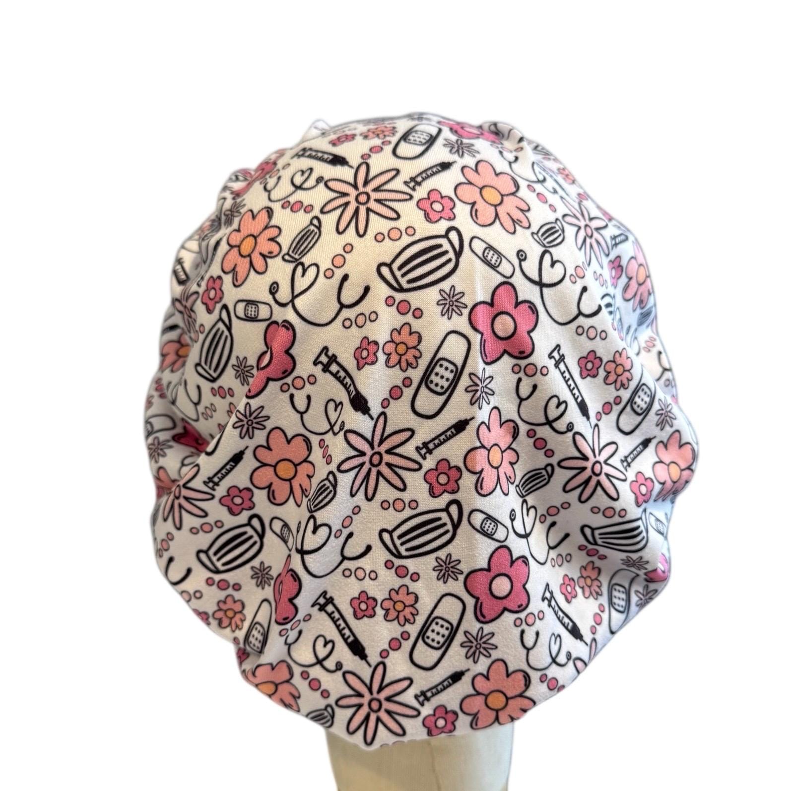 Nurse Bouffant Scrub Cap, Medical Print Surgical Hat, Stethoscope Scrub Hat, Stretchy Hair Cover, RN
