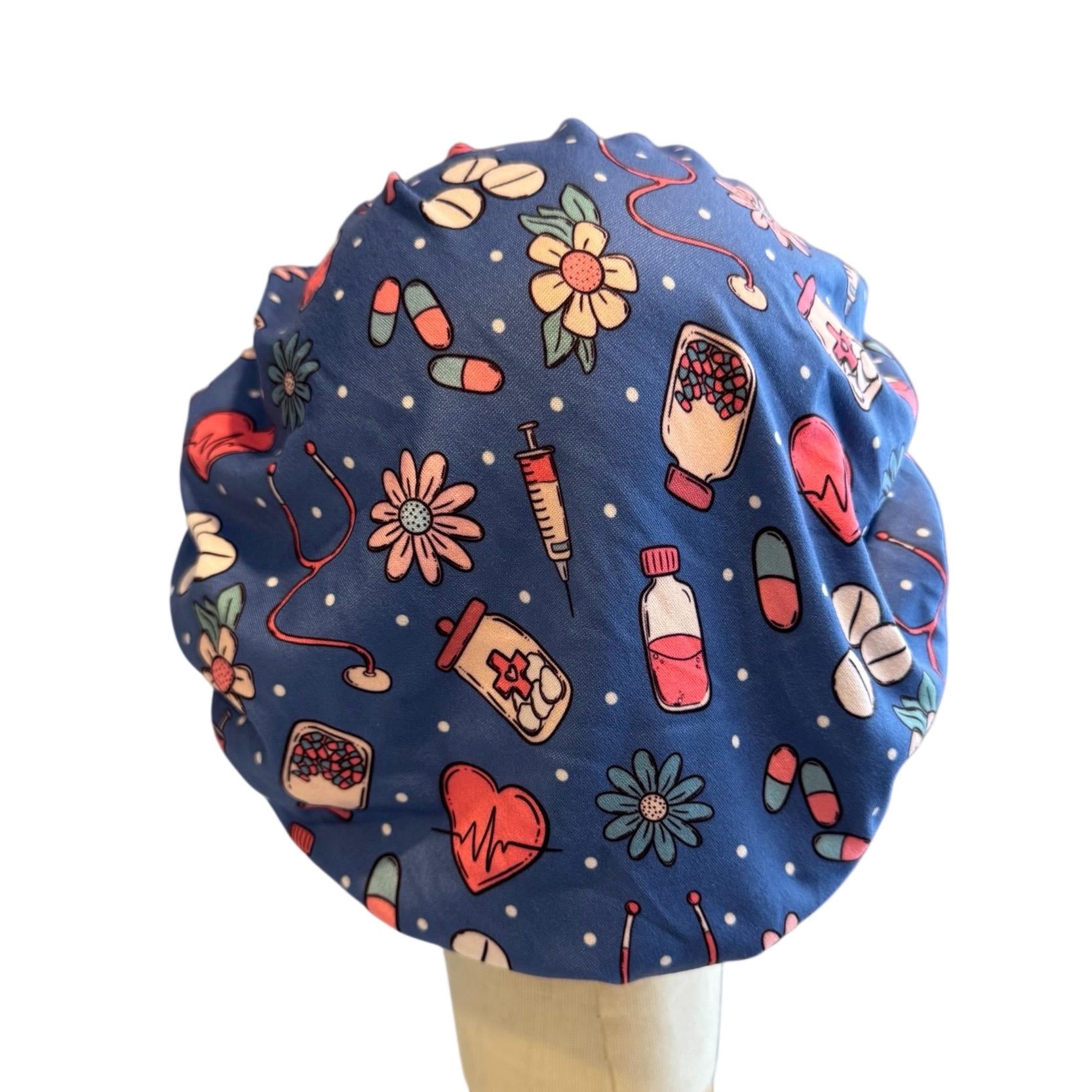 Blue Nurse Bouffant Scrub Cap, Medical Print Surgical Hat, RN Gift, Stretchy OR Hat
