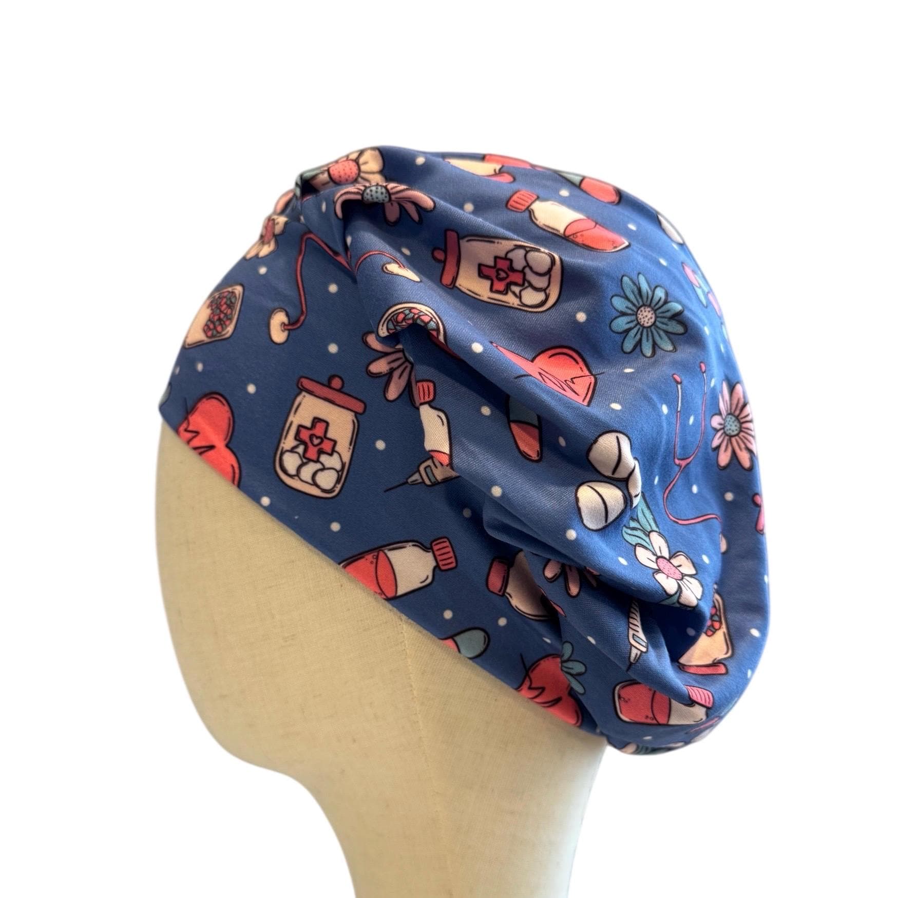 Blue Nurse Bouffant Scrub Cap, Medical Print Surgical Hat, RN Gift, Stretchy OR Hat