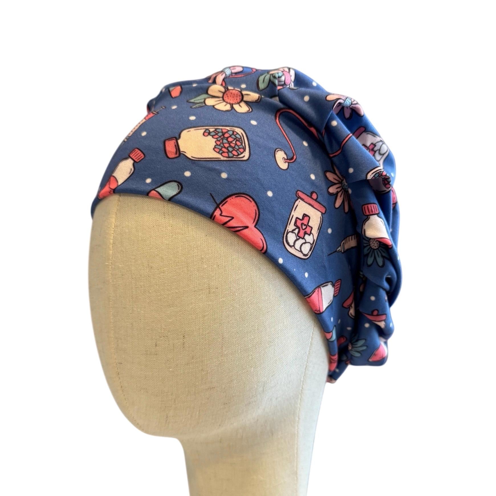 Blue Nurse Bouffant Scrub Cap, Medical Print Surgical Hat, RN Gift, Stretchy OR Hat