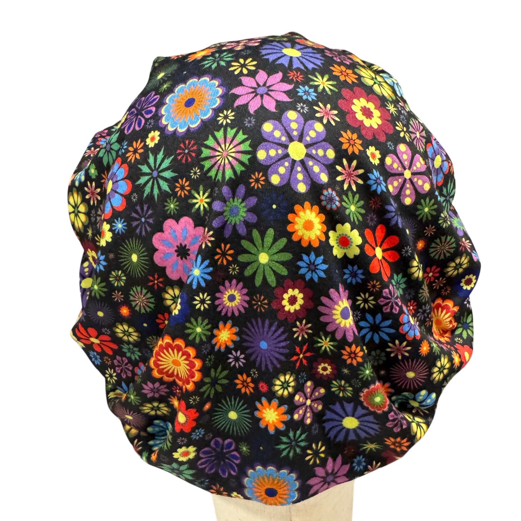 Black Colorful Floral Bouffant Scrub Cap