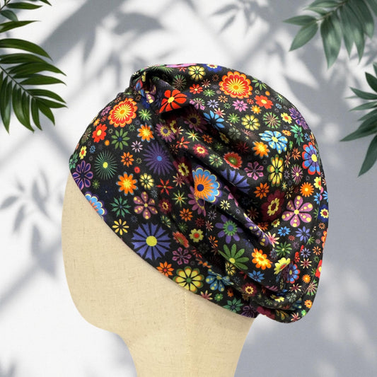 Black Colorful Floral Bouffant Scrub Cap