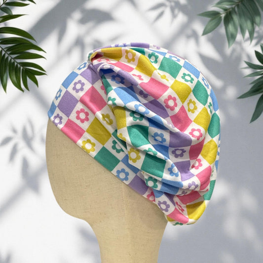 Pastel Floral Checker Bouffant Scrub Cap