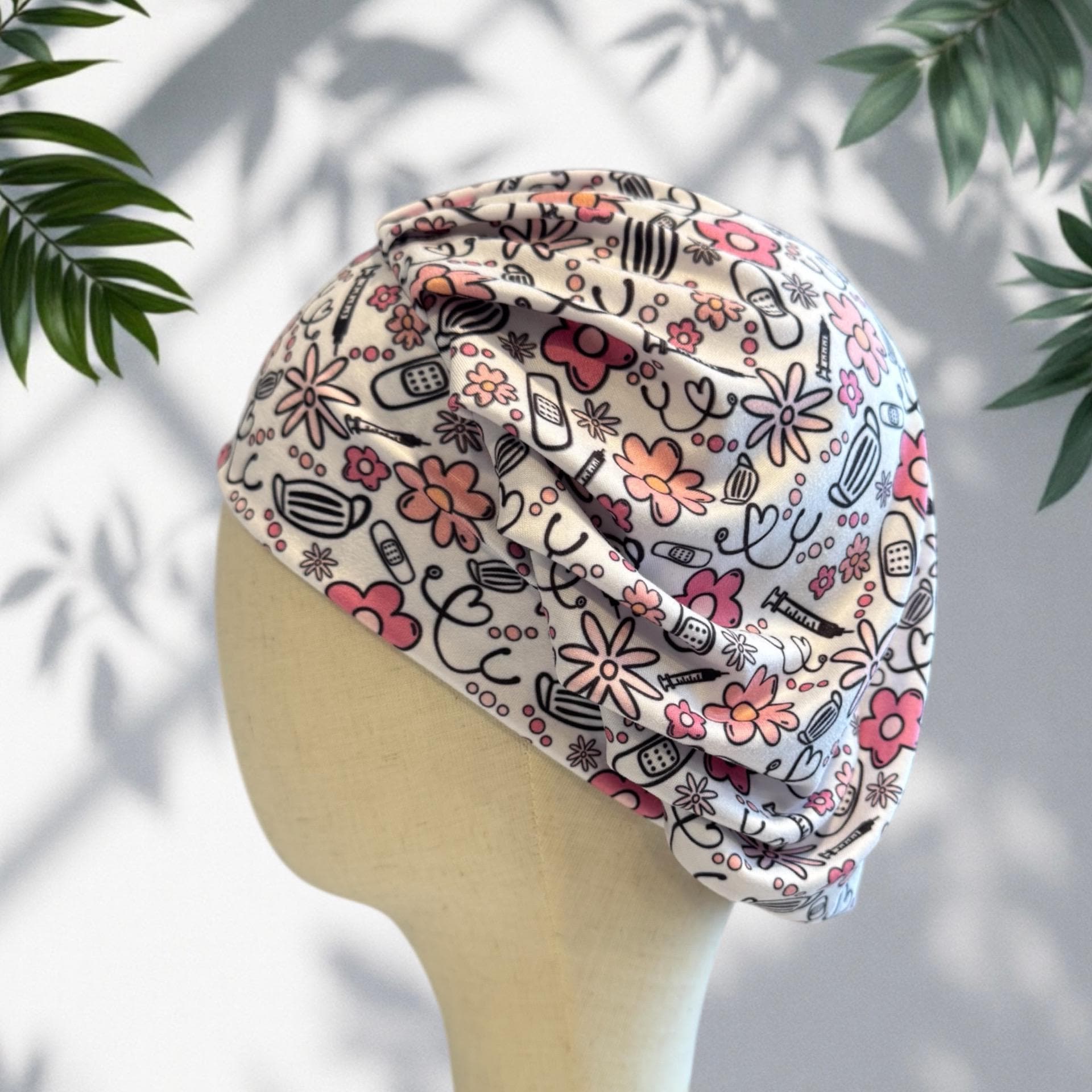 Nurse Bouffant Scrub Cap, Medical Print Surgical Hat, Stethoscope Scrub Hat, Stretchy Hair Cover, RN