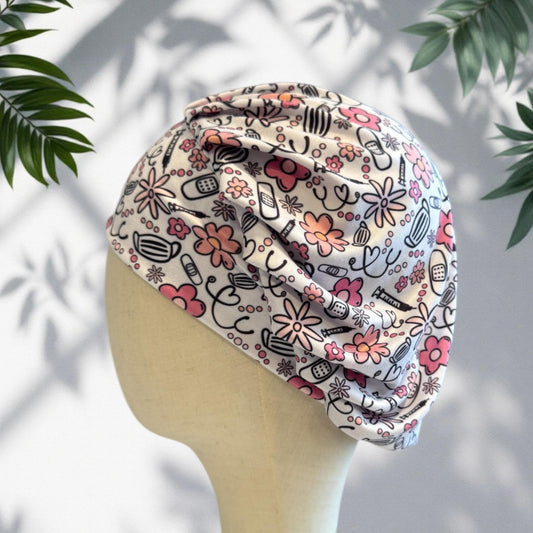 Nurse Bouffant Scrub Cap, Medical Print Surgical Hat, Stethoscope Scrub Hat, Stretchy Hair Cover, RN