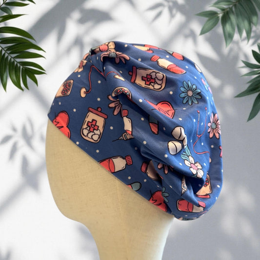 Blue Nurse Bouffant Scrub Cap, Medical Print Surgical Hat, RN Gift, Stretchy OR Hat