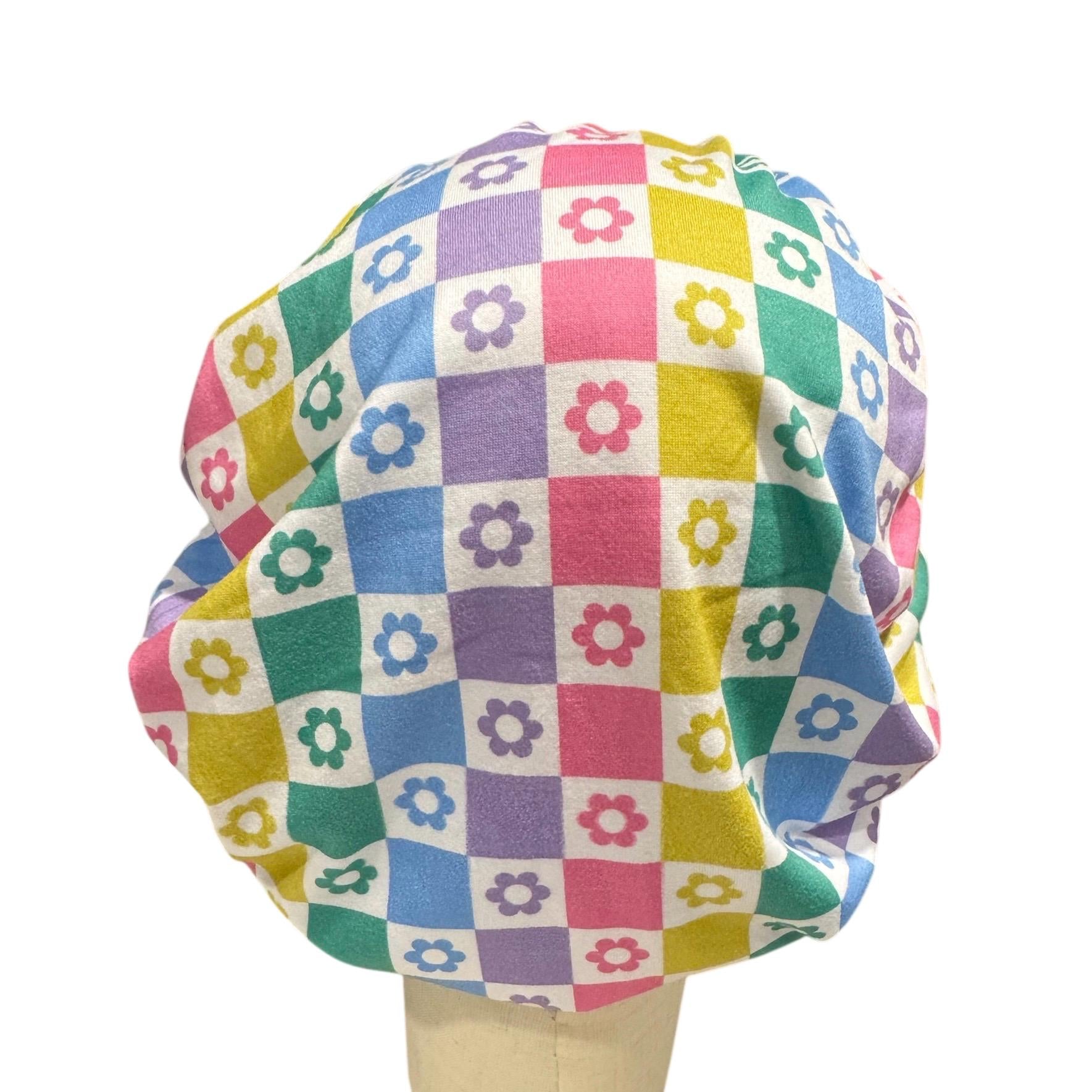 Colorful Daisy Gingham Bouffant Scrub Cap