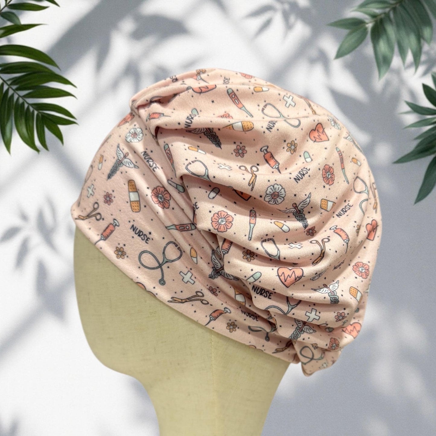 Nurse Print Bouffant Scrub Cap on light pink