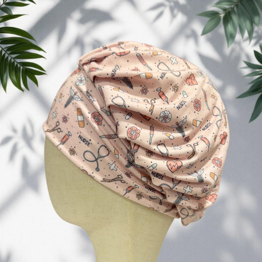 Nurse Print Bouffant Scrub Cap on light pink