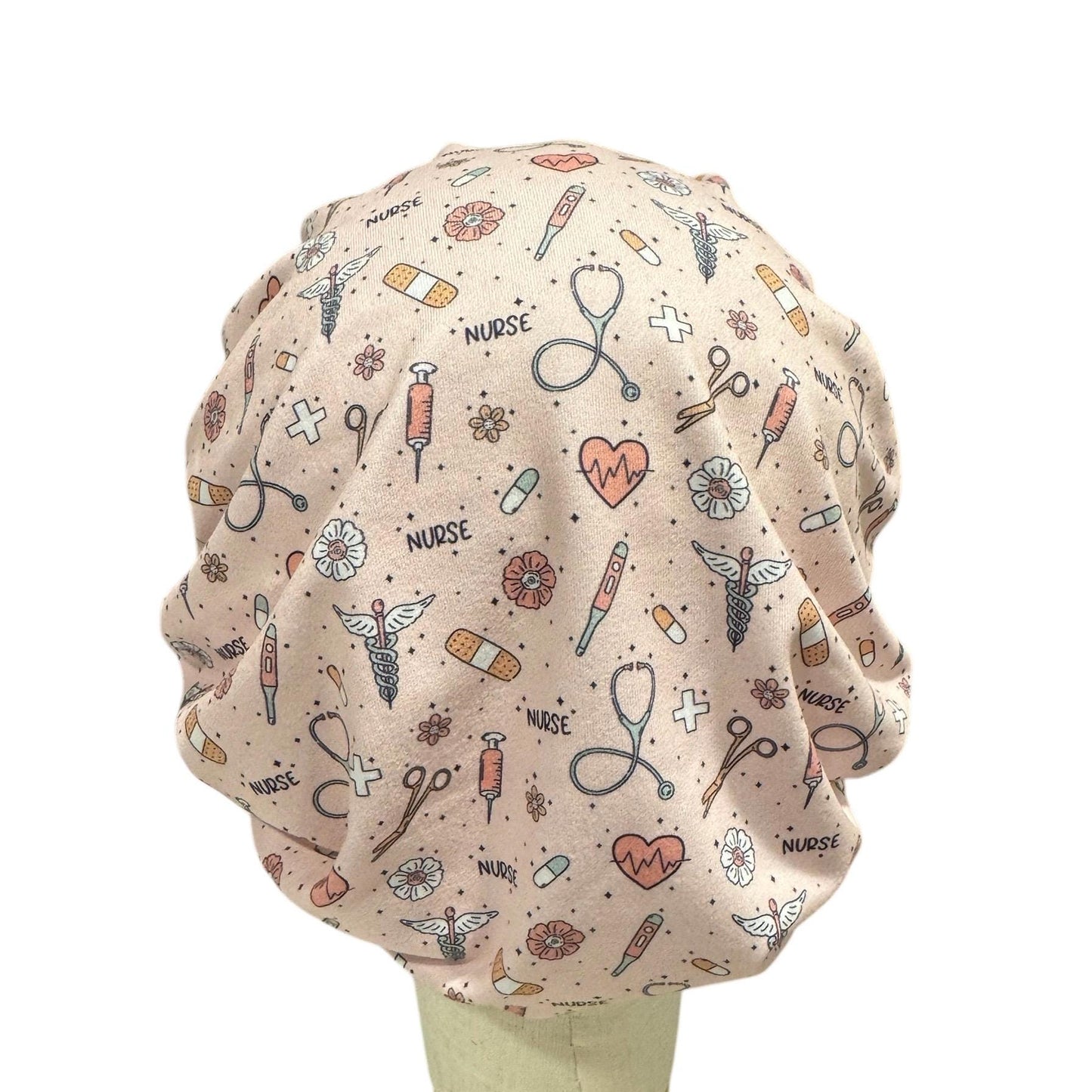 Nurse Print Bouffant Scrub Cap on light pink