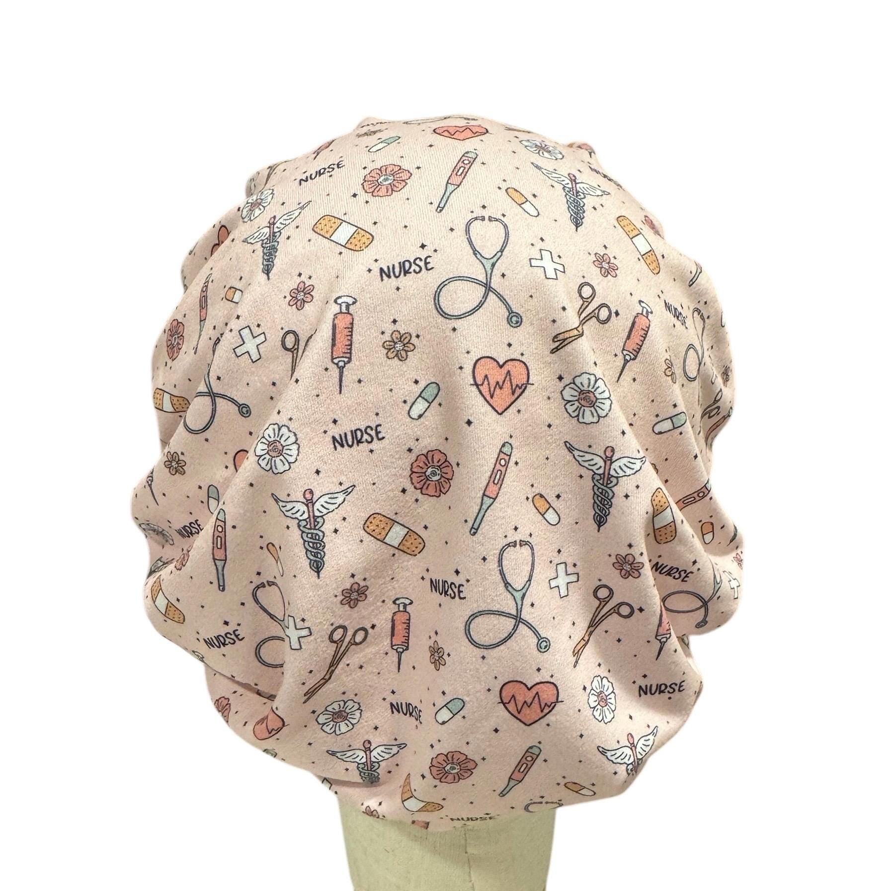 Nurse Print Bouffant Scrub Cap on light pink
