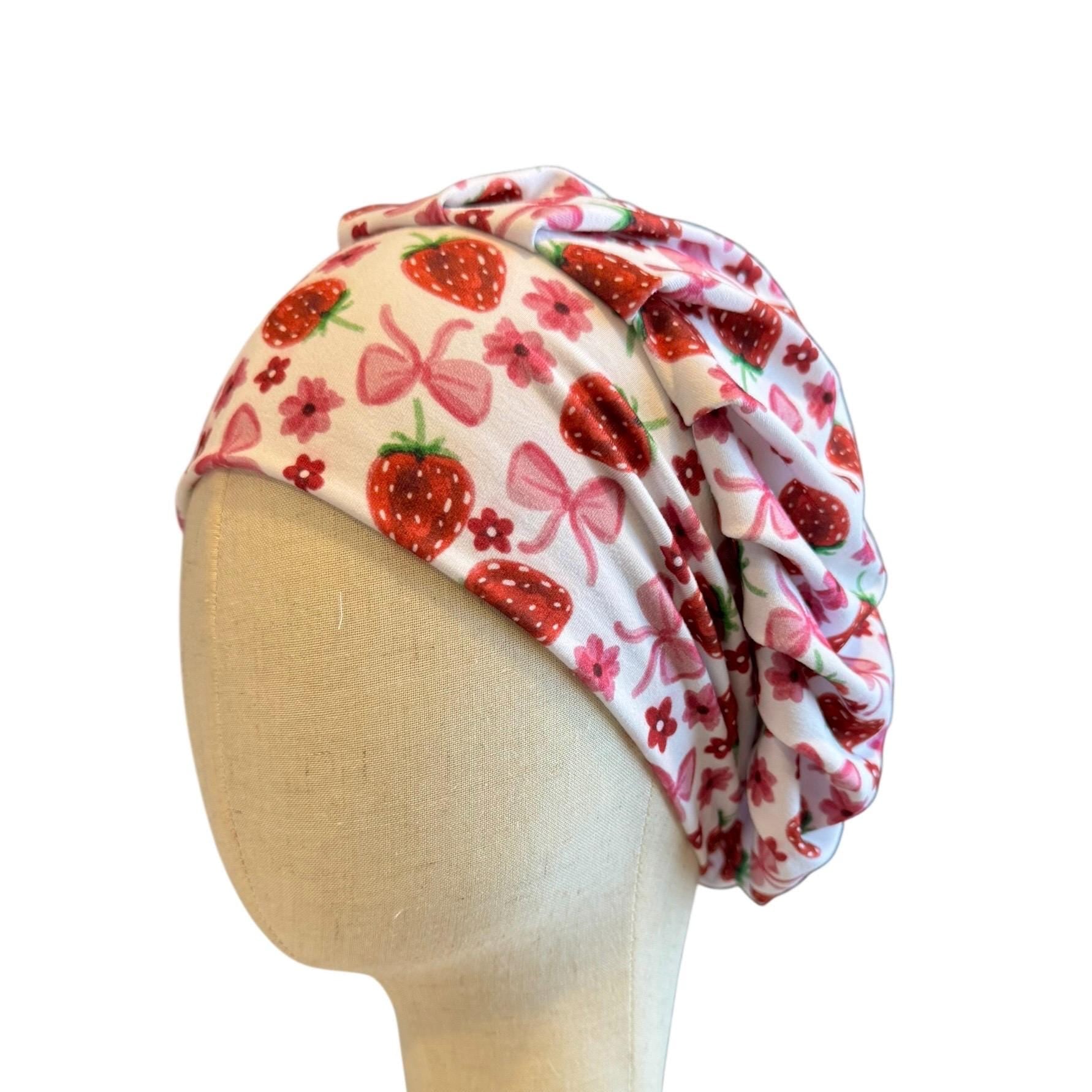 Strawberry Bow Bouffant Scrub Cap, Headband Style Ponytail Friendly