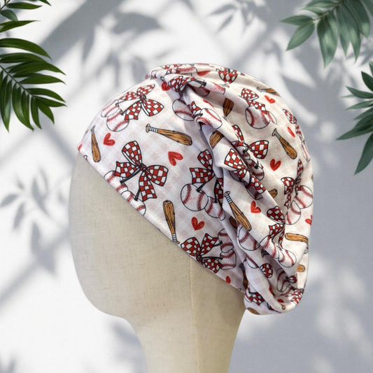 Baseball Bow Bouffant Scrub Cap, Sports Mom Stretchy Surgical Hat