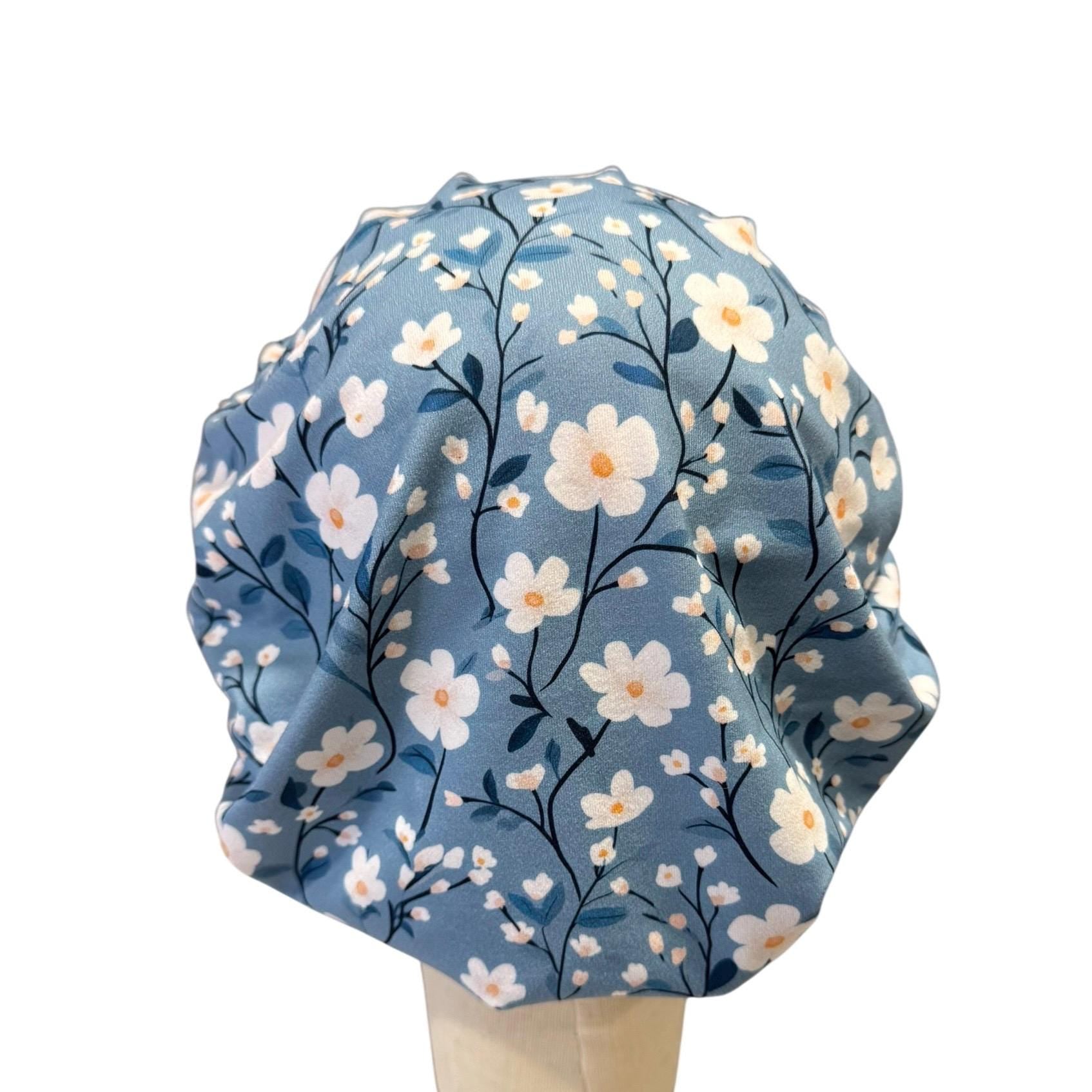 Blue Floral Bouffant Scrub Cap | Dusty Blue Surgical Hat | Women’s Ponytail Scrub Hat