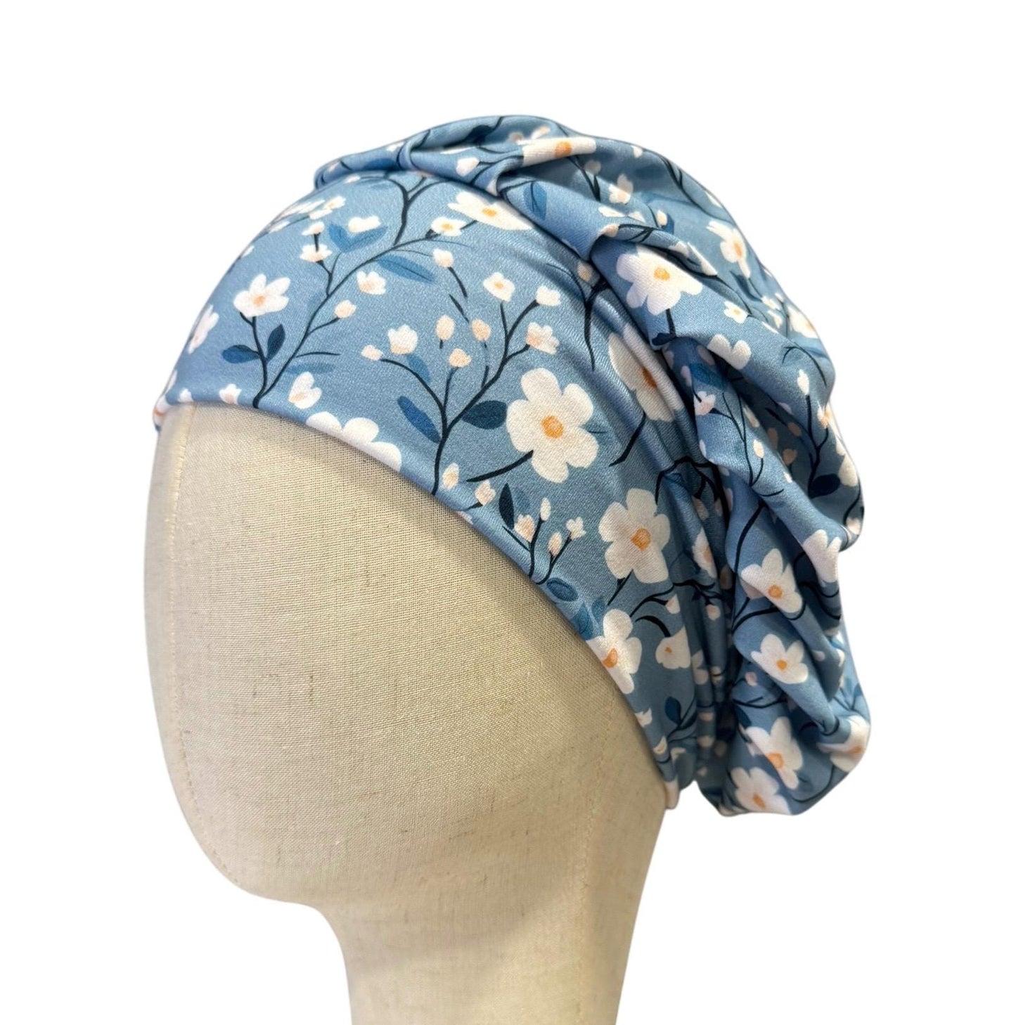 Blue Floral Bouffant Scrub Cap | Dusty Blue Surgical Hat | Women’s Ponytail Scrub Hat