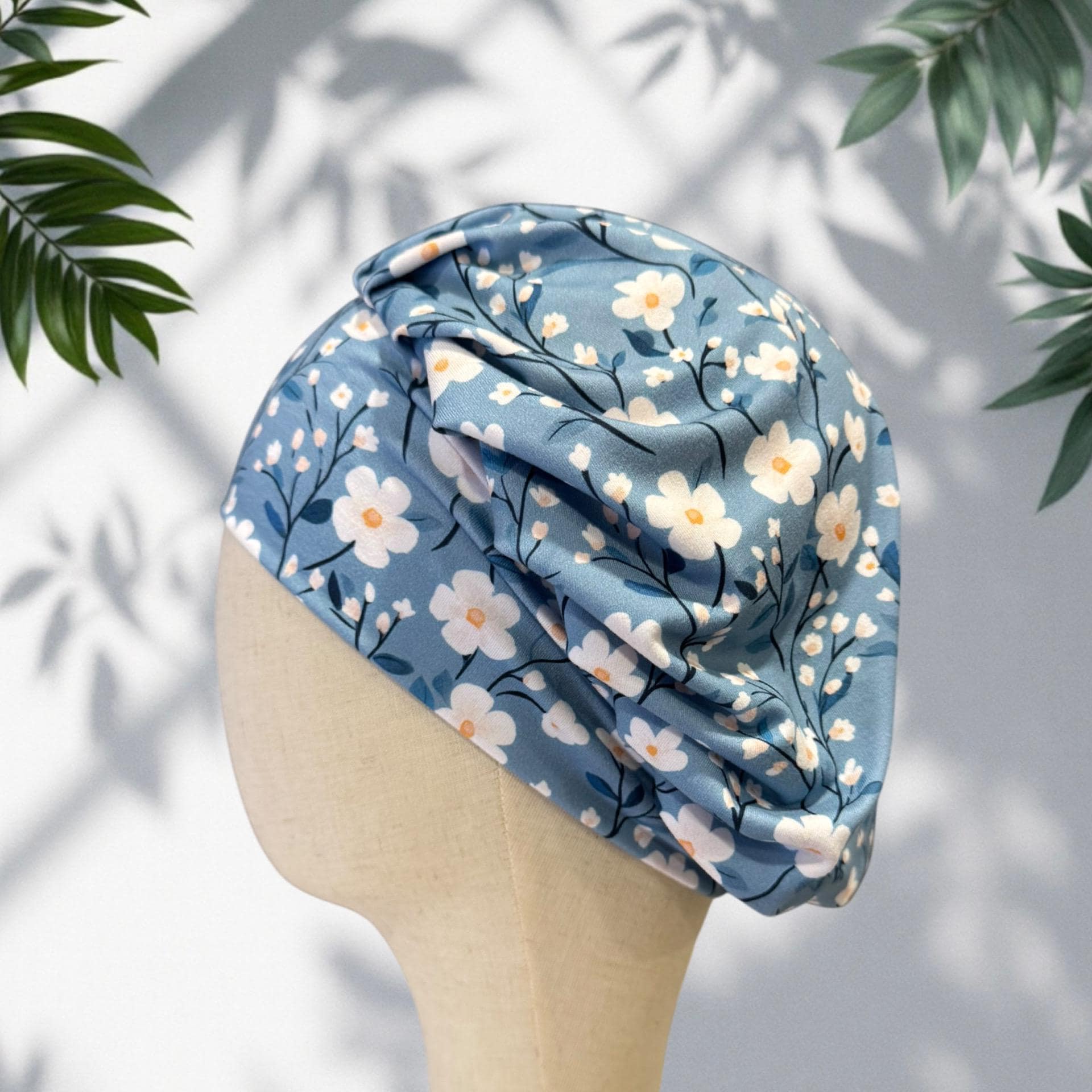Blue Floral Bouffant Scrub Cap | Dusty Blue Surgical Hat | Women’s Ponytail Scrub Hat
