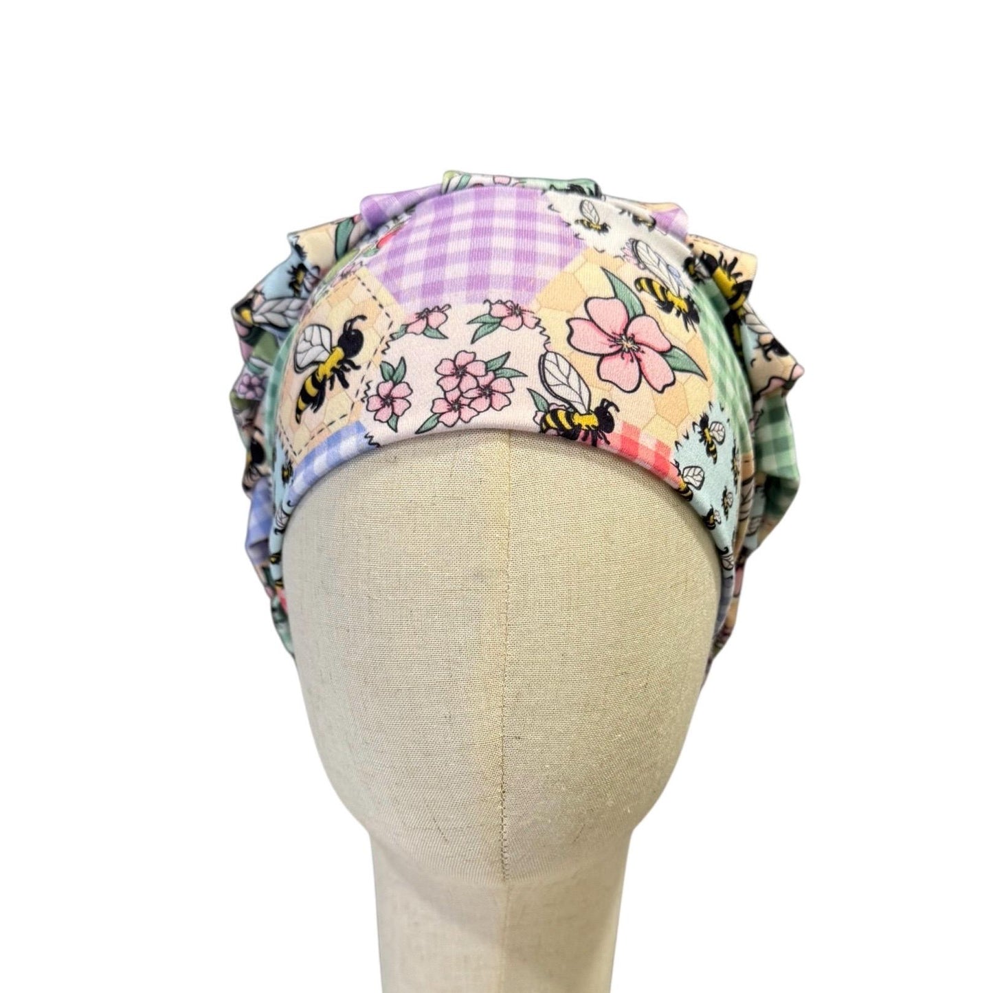 Bee Patchwork Bouffant Scrub Cap | Honeycomb Floral Surgical Hat, Ponytail Scrub Cap