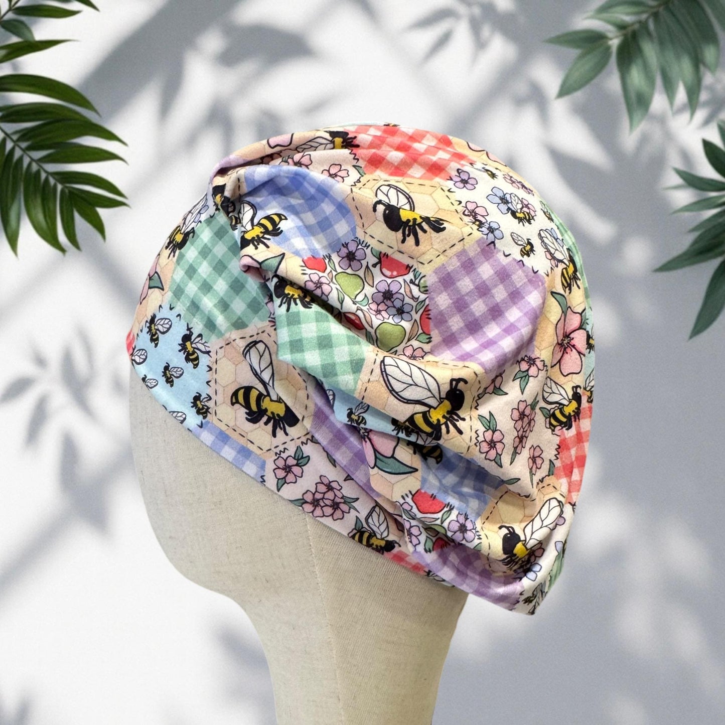 Bee Patchwork Bouffant Scrub Cap | Honeycomb Floral Surgical Hat, Ponytail Scrub Cap