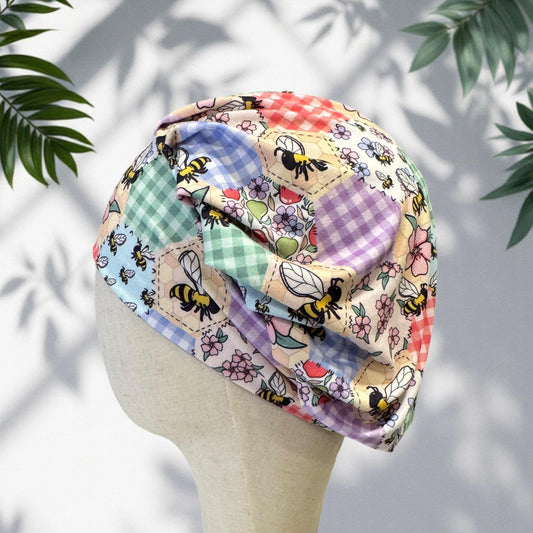 Bee Patchwork Bouffant Scrub Cap | Honeycomb Floral Surgical Hat, Ponytail Scrub Cap