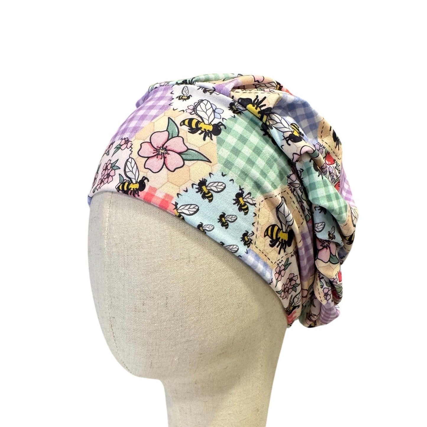 Bee Patchwork Bouffant Scrub Cap | Honeycomb Floral Surgical Hat, Ponytail Scrub Cap