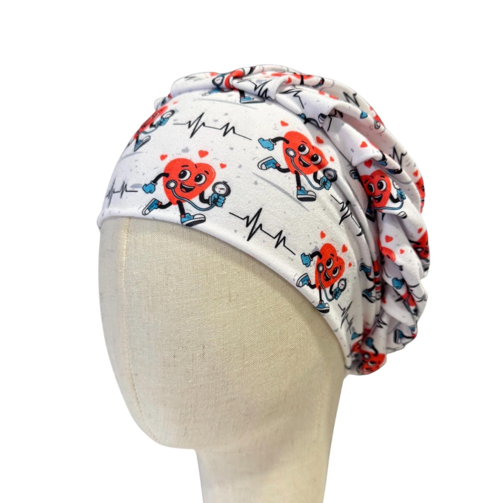 Cardiac Nurse Bouffant Scrub Cap | Cute Heartbeat Surgical Hat | Women’s Headband Style