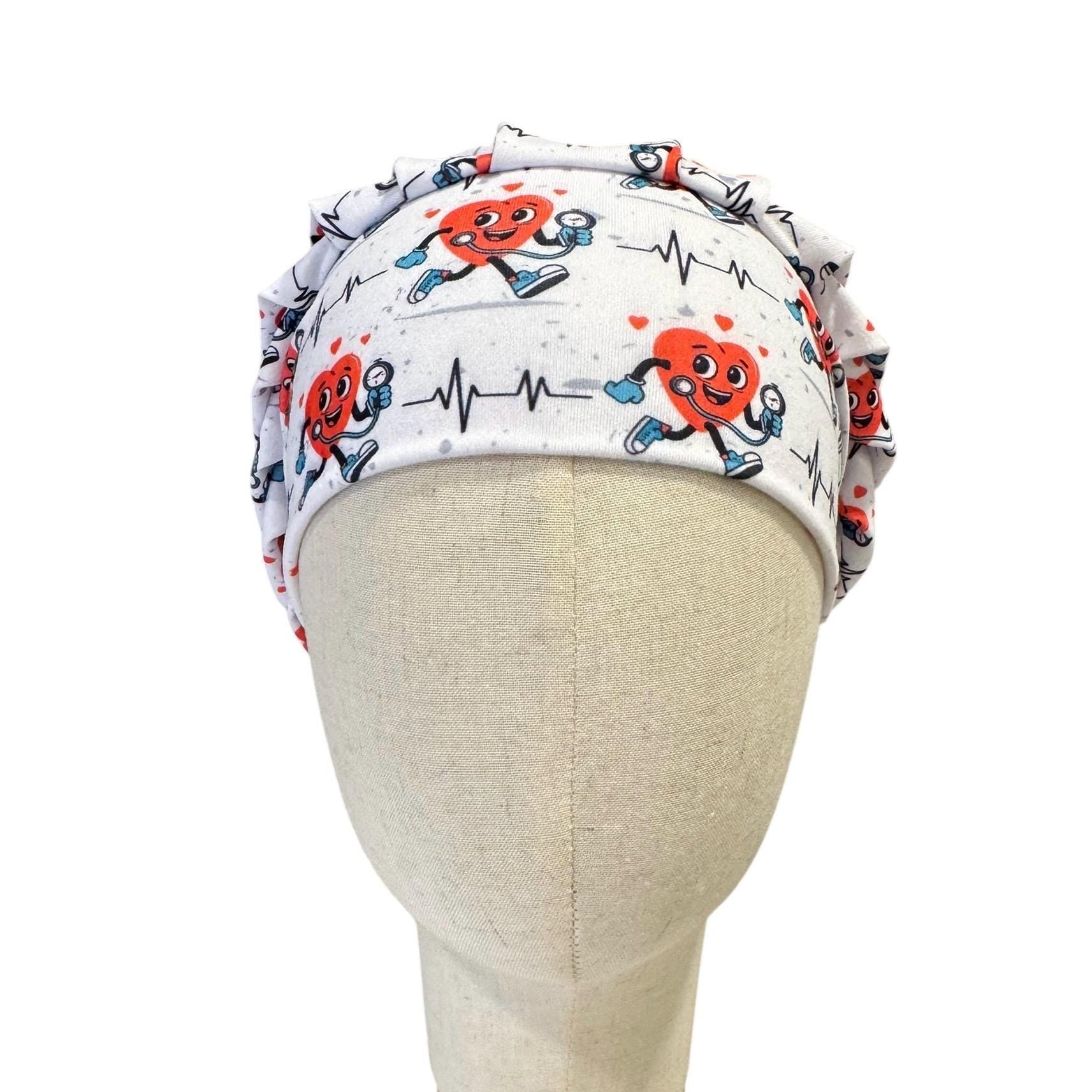 Cardiac Nurse Bouffant Scrub Cap | Cute Heartbeat Surgical Hat | Women’s Headband Style