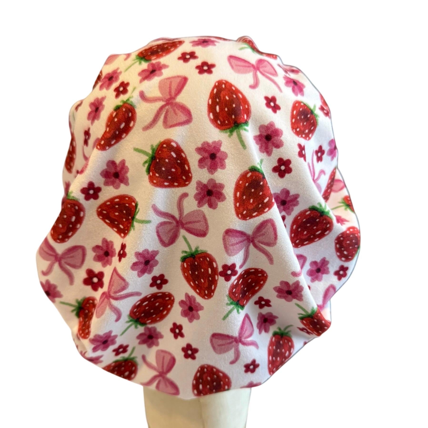 Strawberry Bow Bouffant Scrub Cap, Headband Style Ponytail Friendly