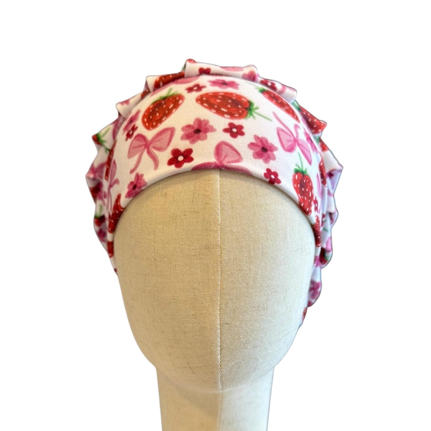 Strawberry Bow Bouffant Scrub Cap, Headband Style Ponytail Friendly