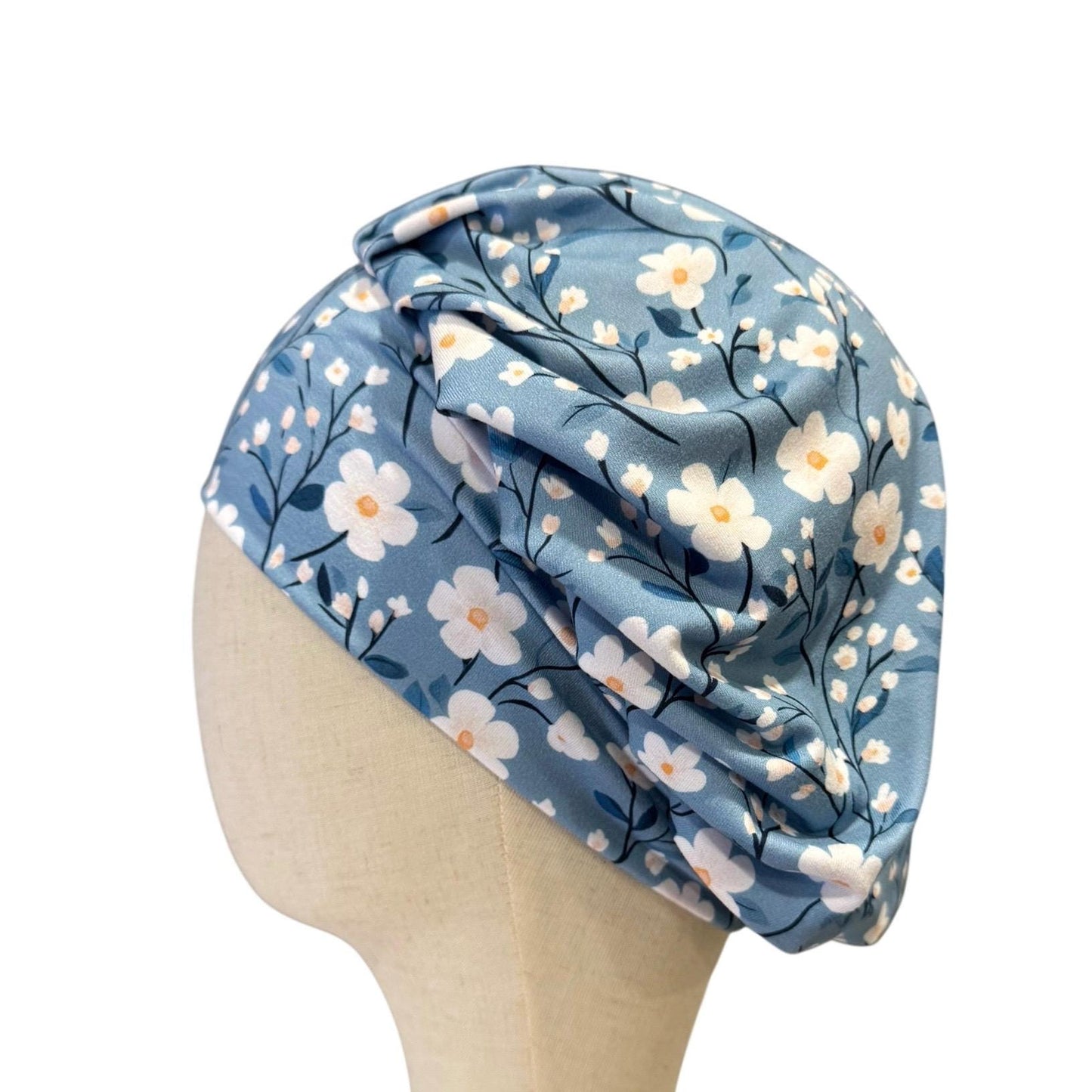 Blue Floral Bouffant Scrub Cap | Dusty Blue Surgical Hat | Women’s Ponytail Scrub Hat