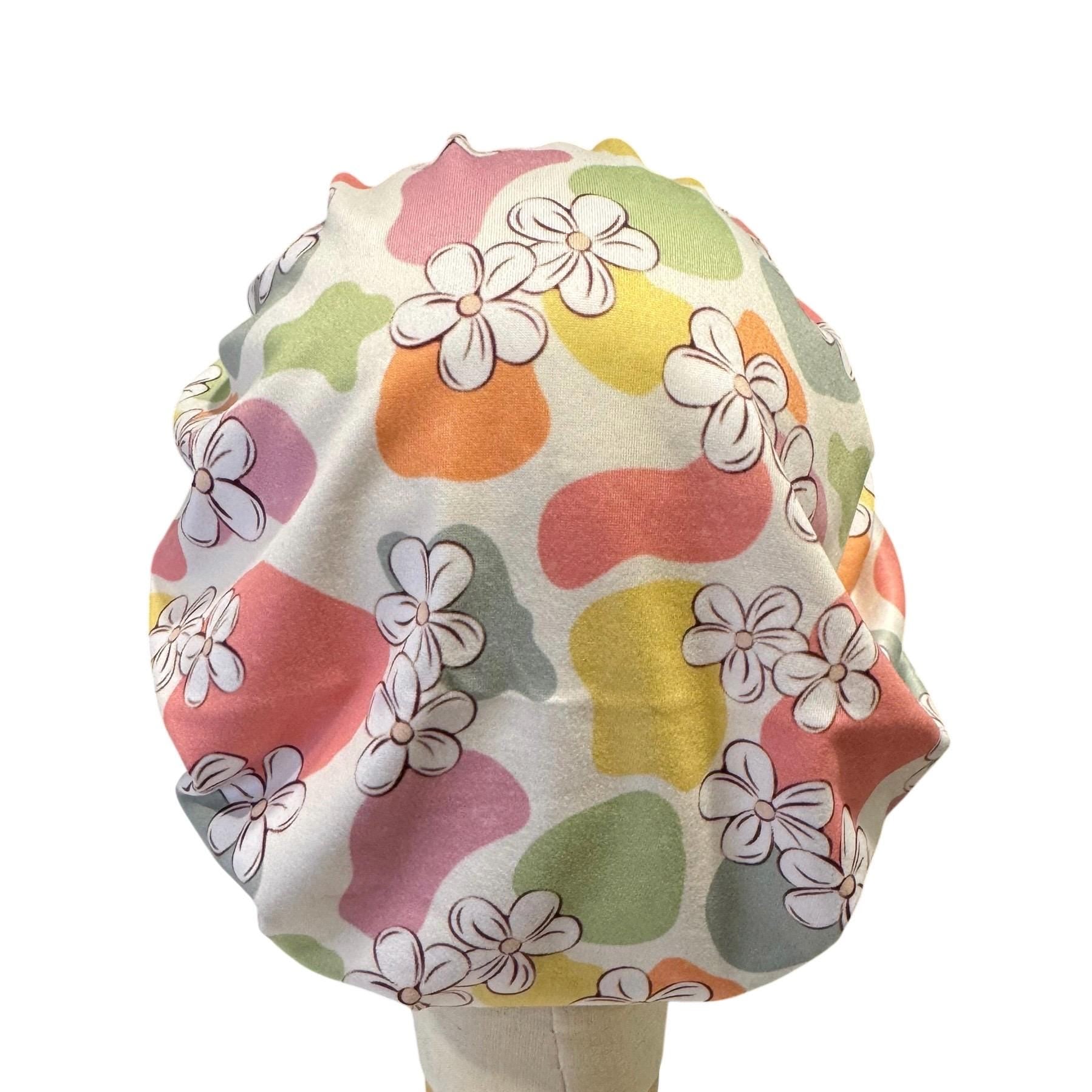 Pastel Floral Bouffant Scrub Cap | Watercolor Flower Surgical Hat | Women’s Ponytail Scrub Hat