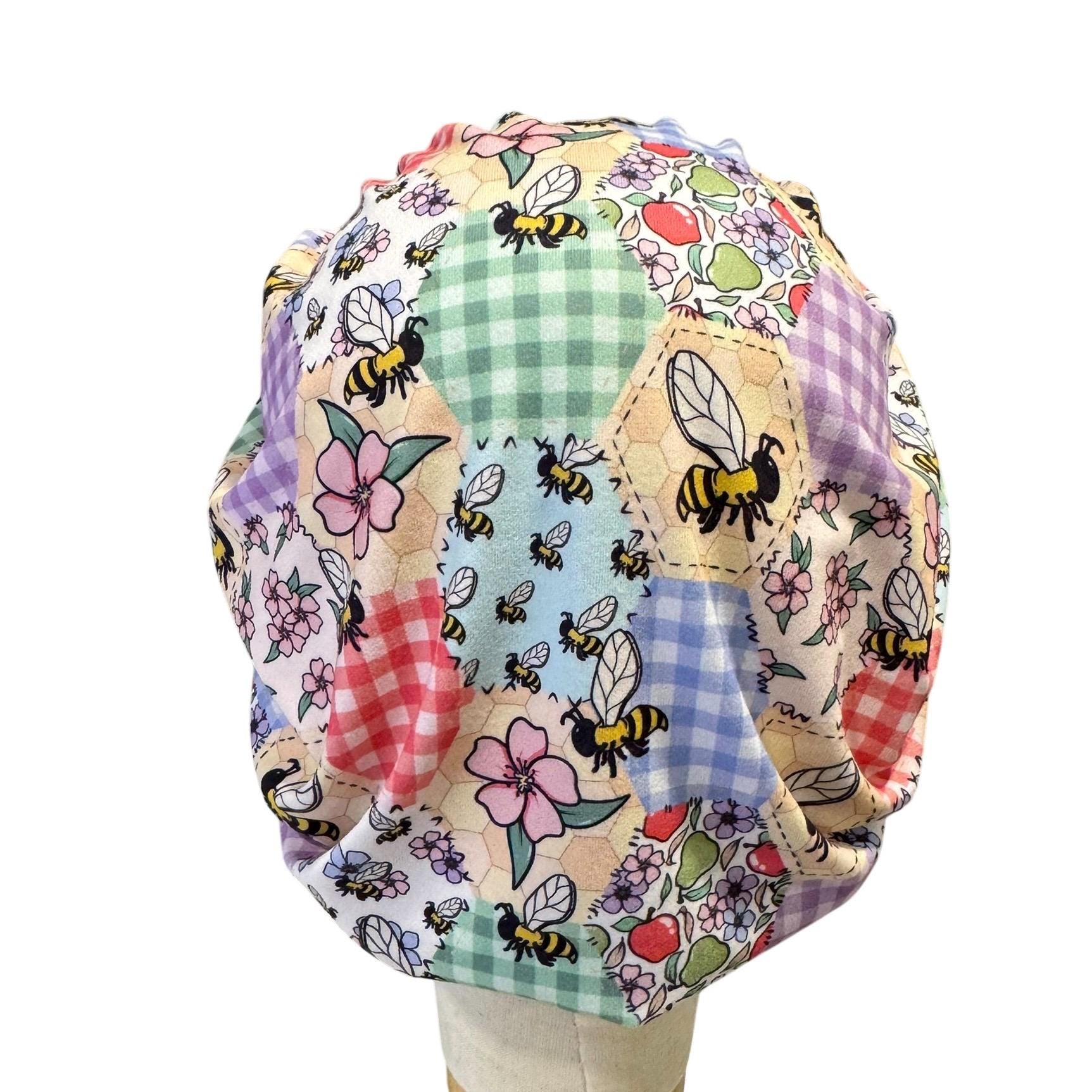 Bee Patchwork Bouffant Scrub Cap | Honeycomb Floral Surgical Hat, Ponytail Scrub Cap
