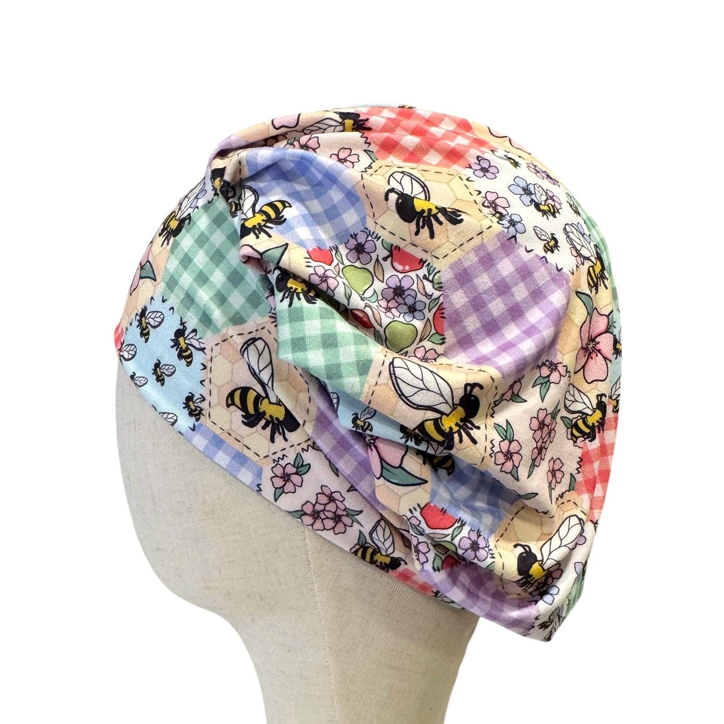 Bee Patchwork Bouffant Scrub Cap | Honeycomb Floral Surgical Hat, Ponytail Scrub Cap