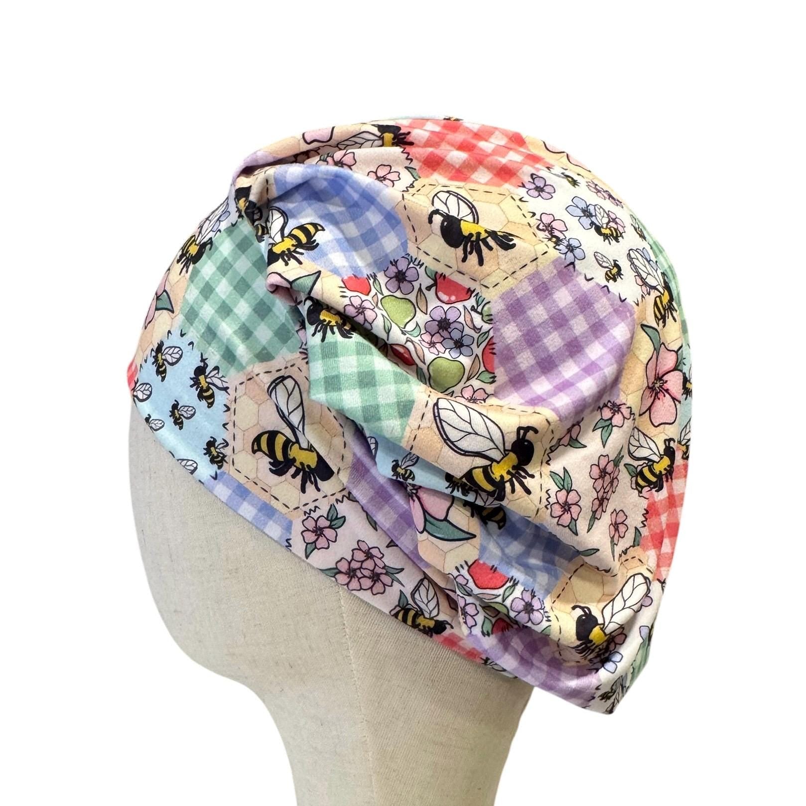 Bee Patchwork Bouffant Scrub Cap | Honeycomb Floral Surgical Hat, Ponytail Scrub Cap