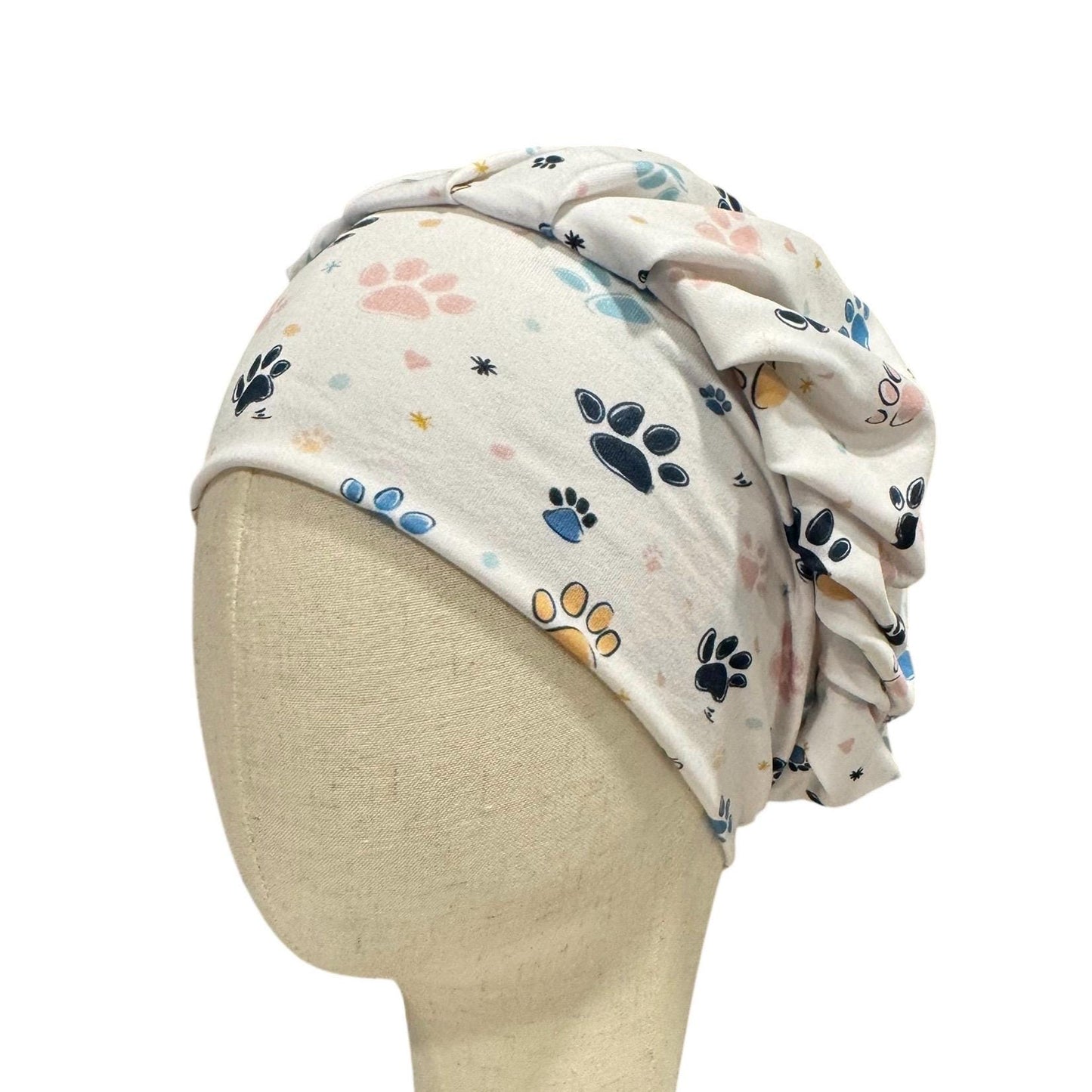 Colored Paw Print Scrub Cap: Soft Stretchy Headband Style Surgical Hat