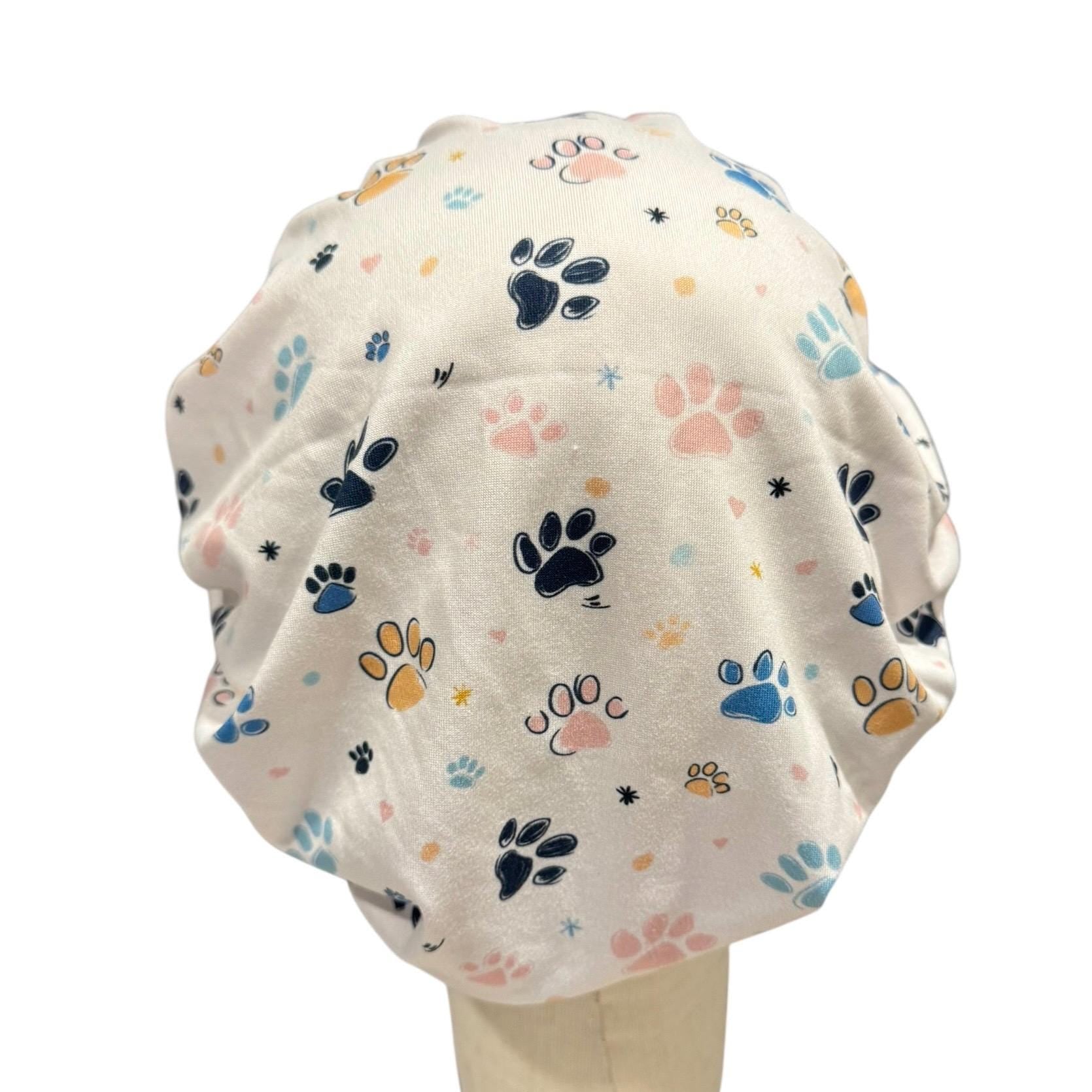 Colored Paw Print Scrub Cap: Soft Stretchy Headband Style Surgical Hat