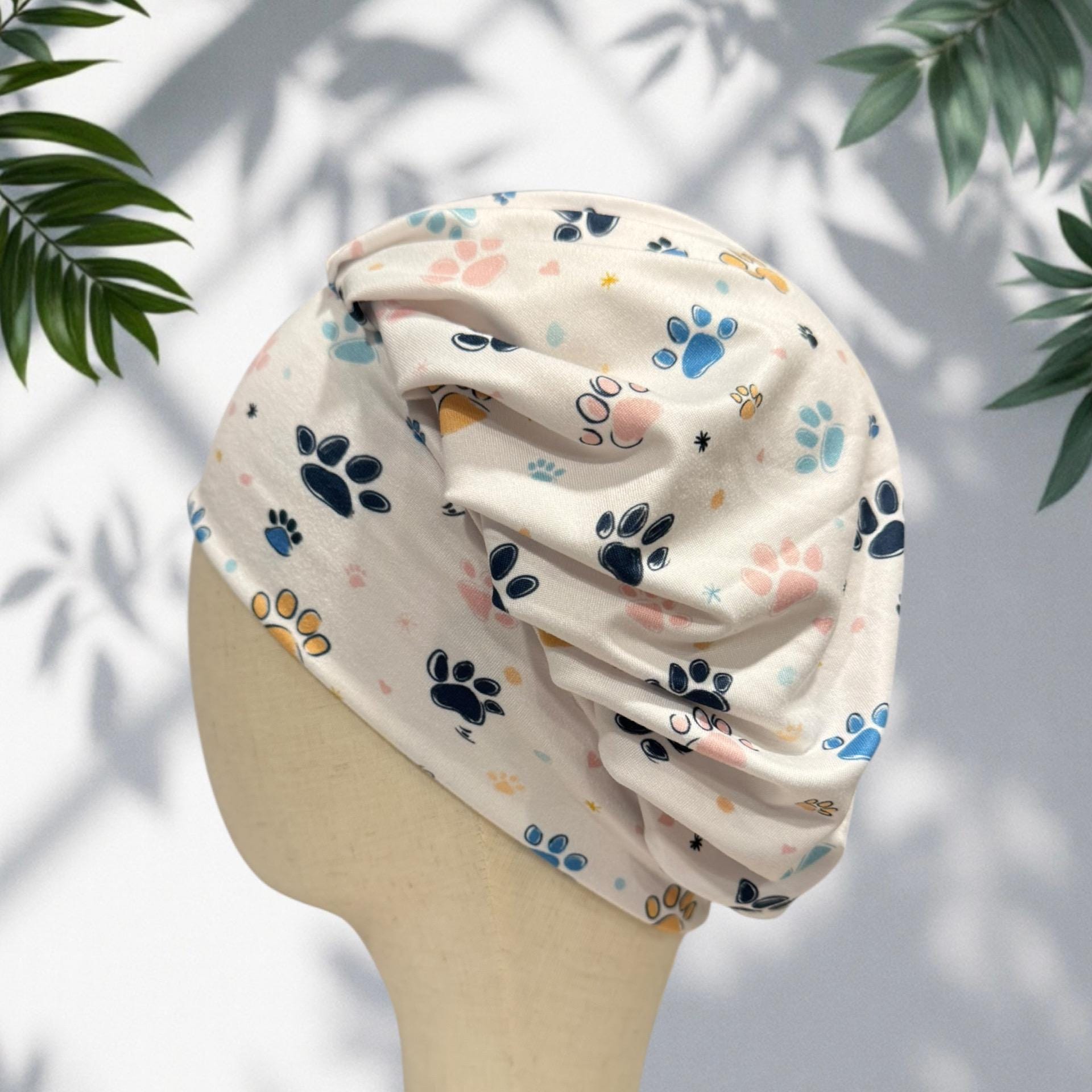 Colored Paw Print Scrub Cap: Soft Stretchy Headband Style Surgical Hat