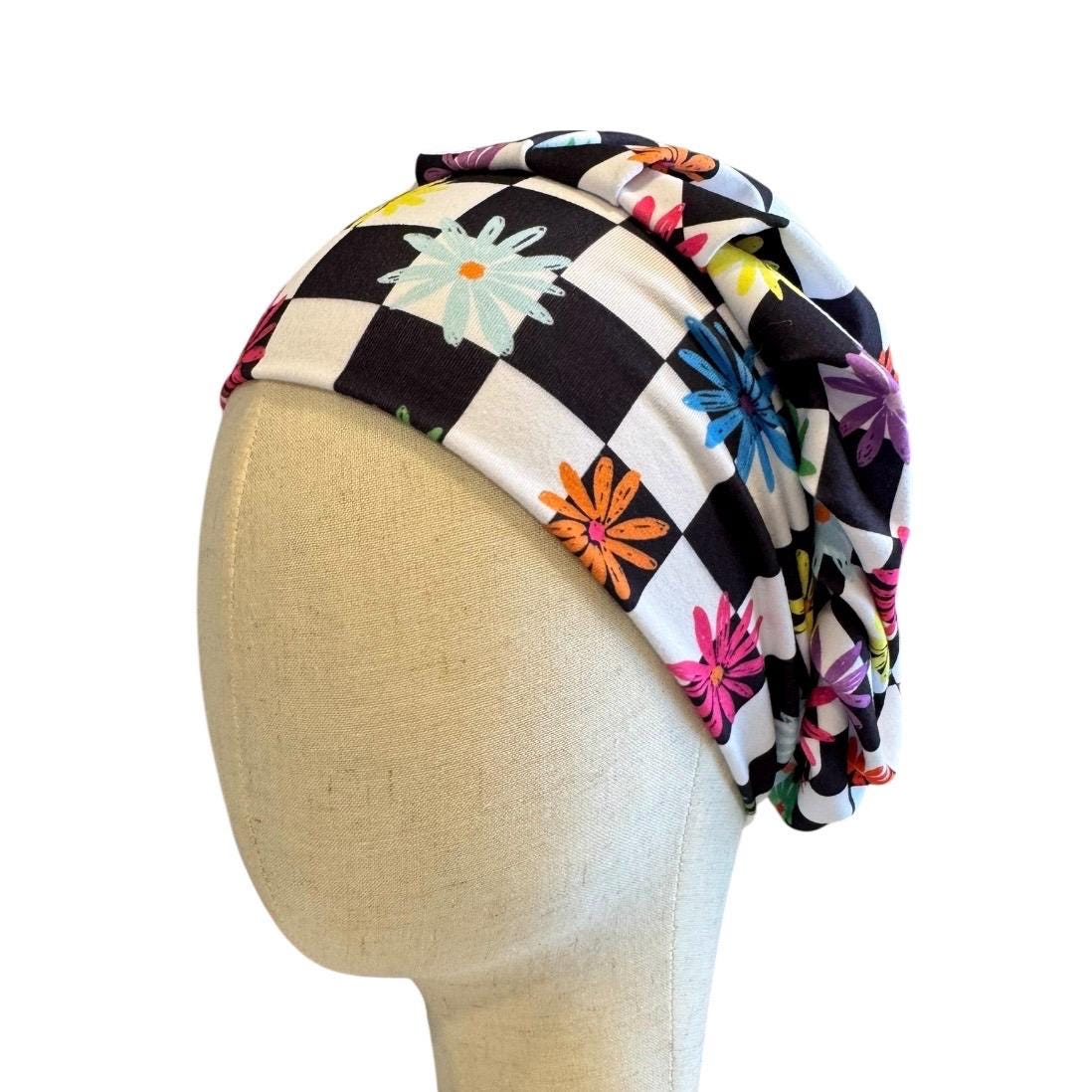 Checkered Floral Bouffant Scrub Cap | Colorful Flower Nurse Hat