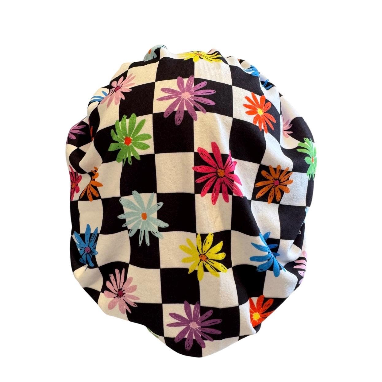 Checkered Floral Bouffant Scrub Cap | Colorful Flower Nurse Hat