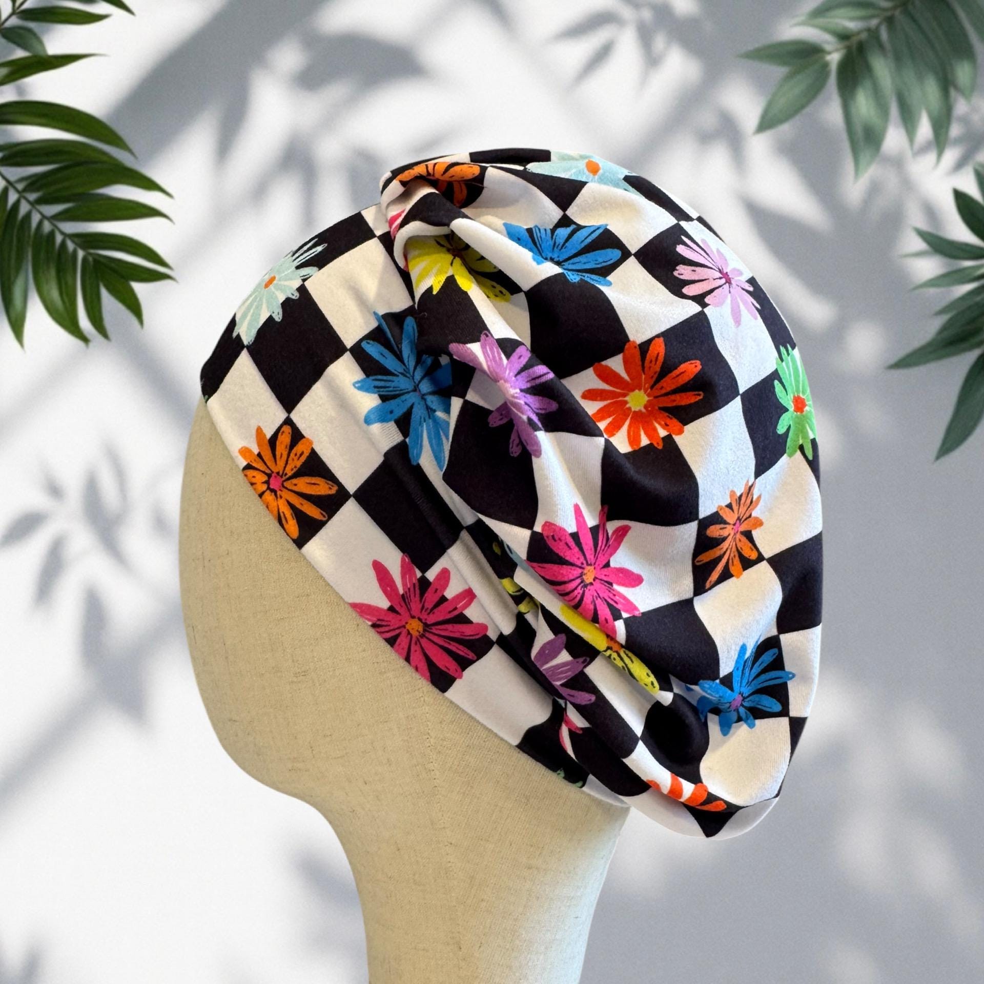Checkered Floral Bouffant Scrub Cap | Colorful Flower Nurse Hat