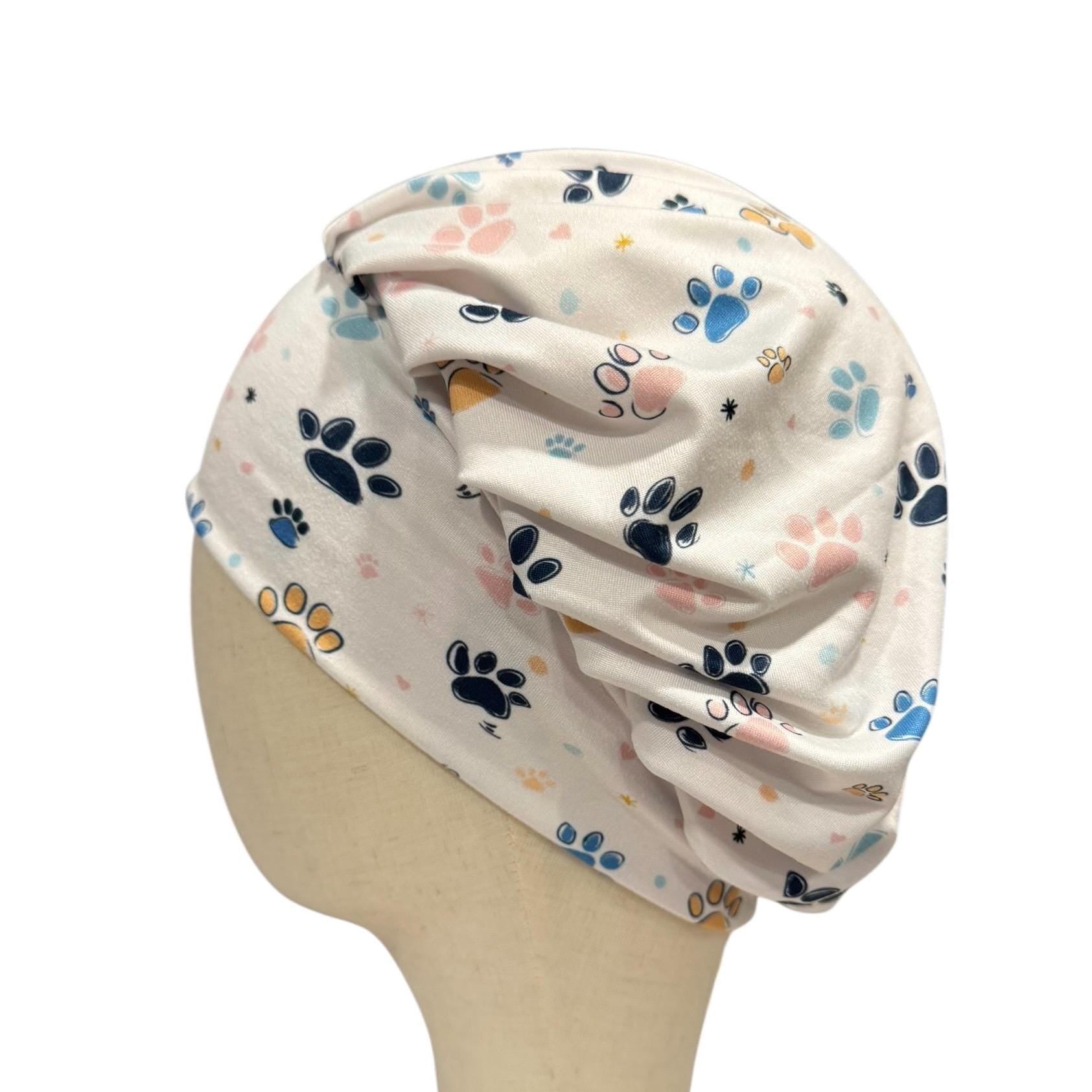 Colored Paw Print Scrub Cap: Soft Stretchy Headband Style Surgical Hat