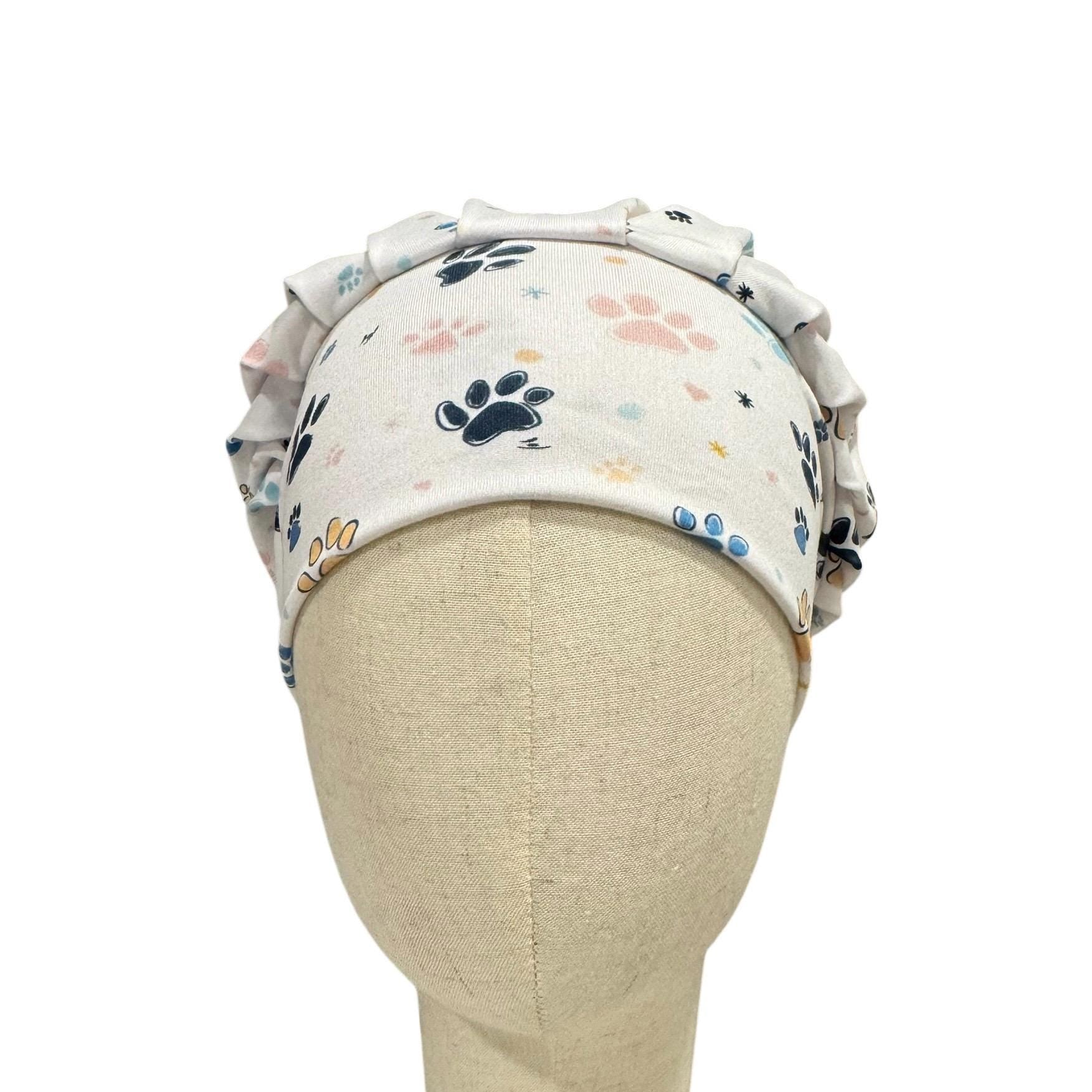 Colored Paw Print Scrub Cap: Soft Stretchy Headband Style Surgical Hat