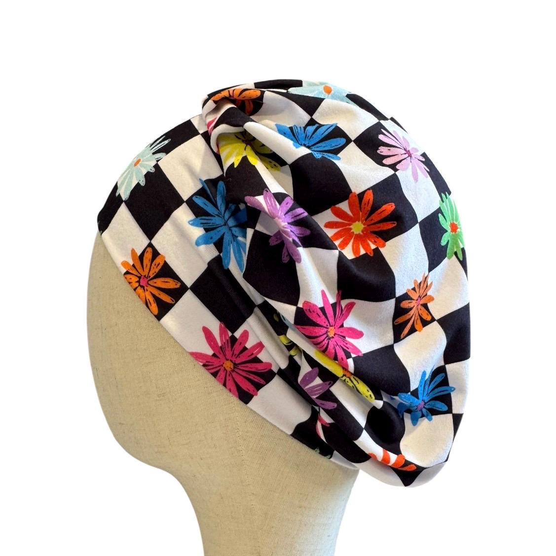 Checkered Floral Bouffant Scrub Cap | Colorful Flower Nurse Hat
