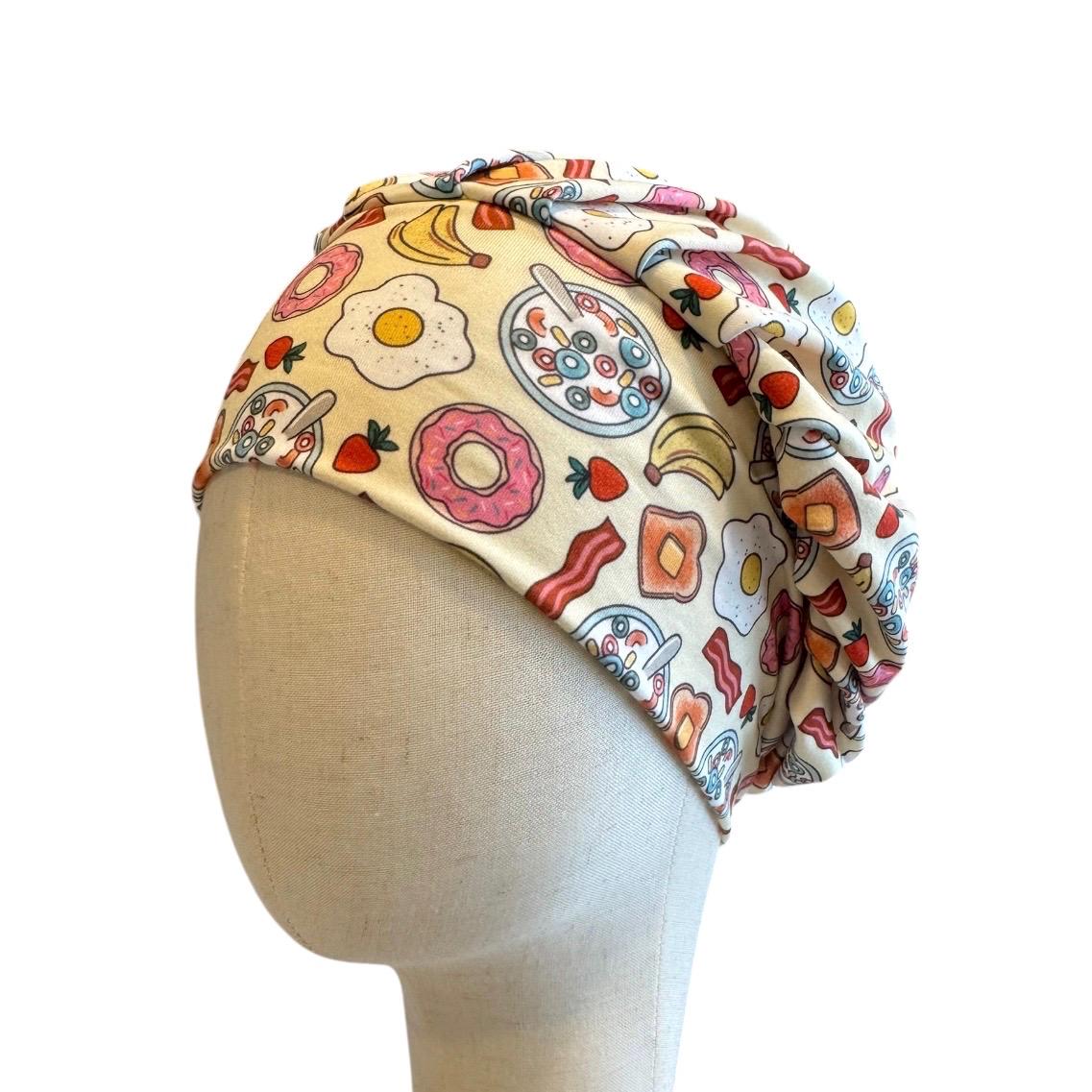 Breakfast Scrub Cap Bouffant, Donut Bacon Egg Print, Headband Style Scrub Hat