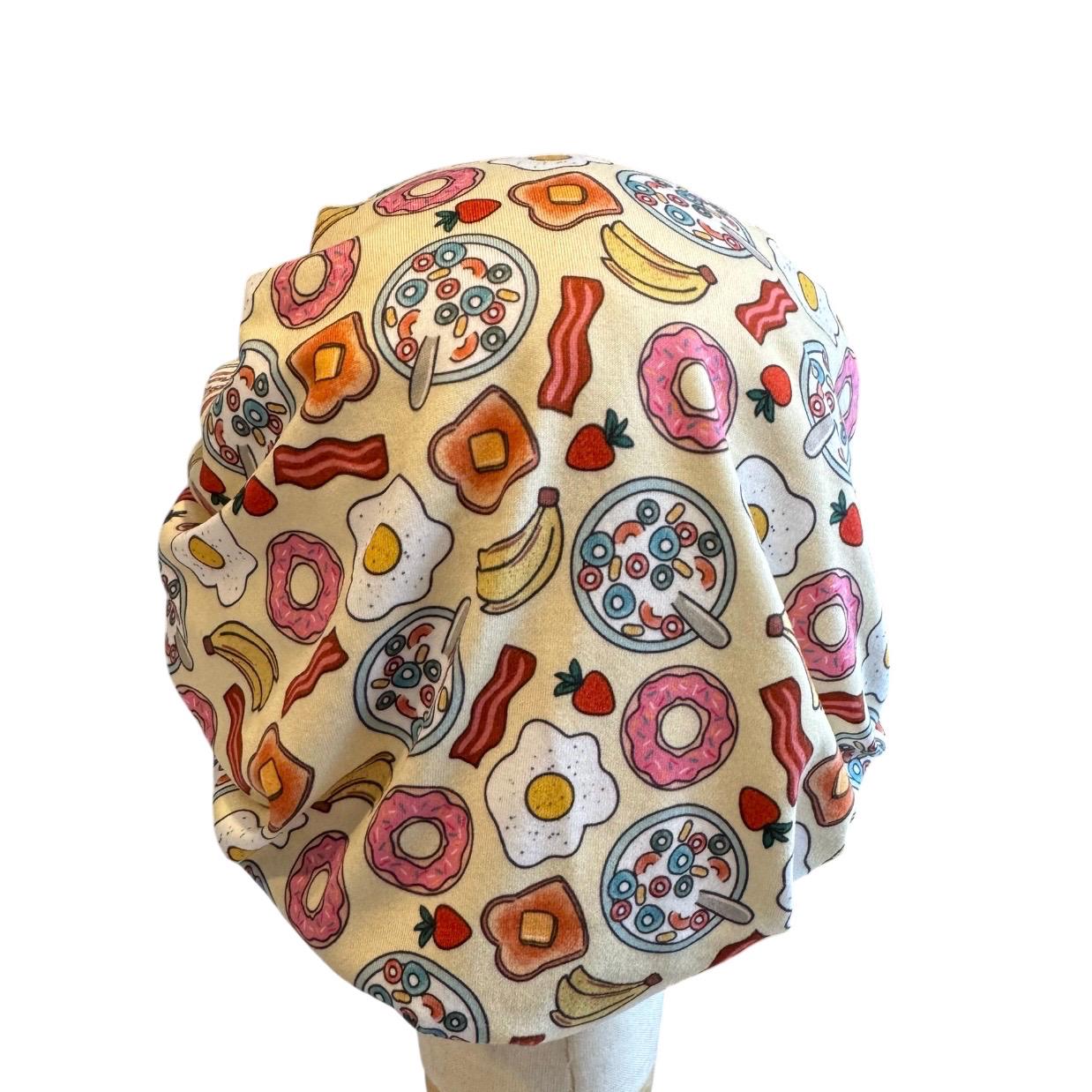 Breakfast Scrub Cap Bouffant, Donut Bacon Egg Print, Headband Style Scrub Hat