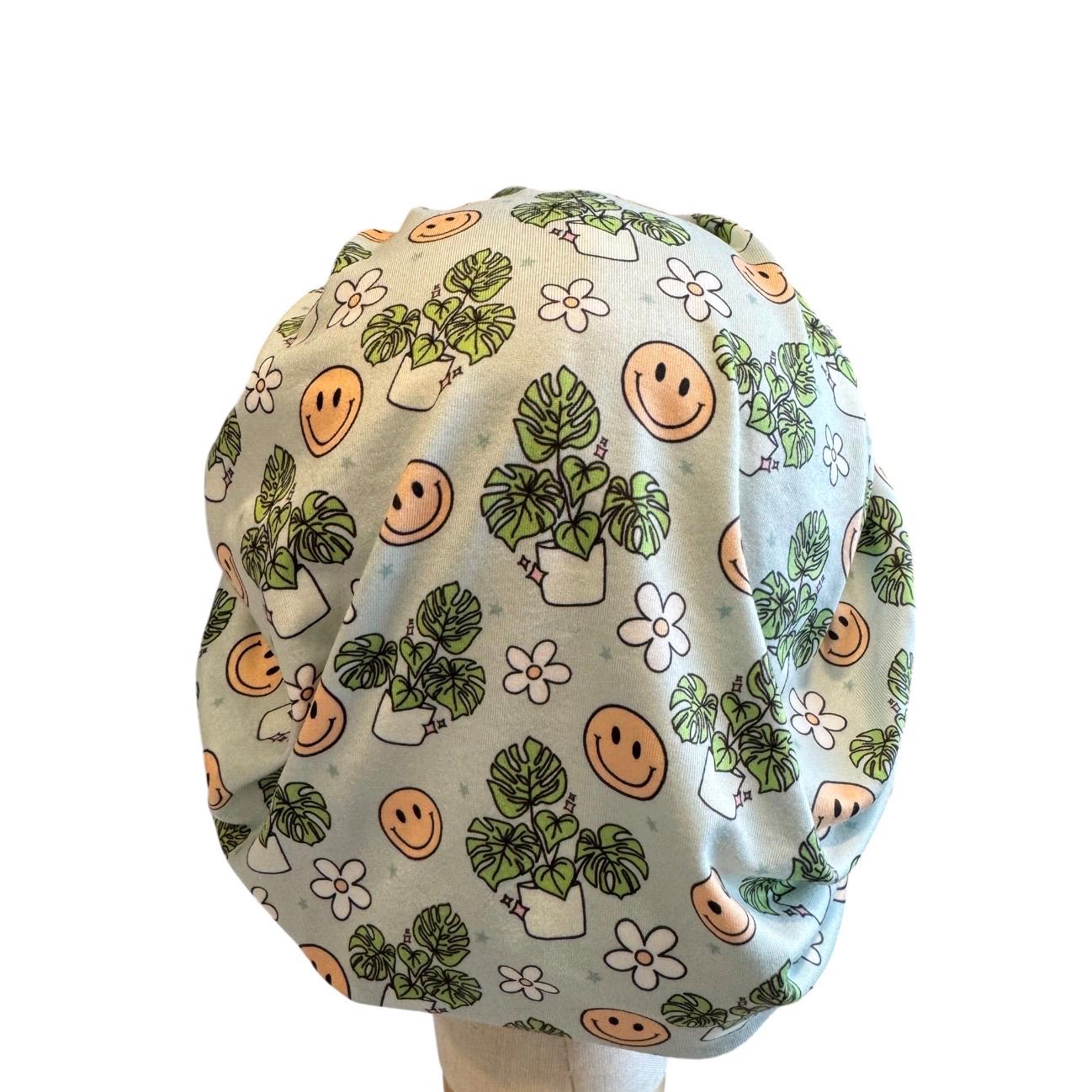 Smiley Face Scrub Cap Bouffant, Monstera Surgical Cap, Headband Style