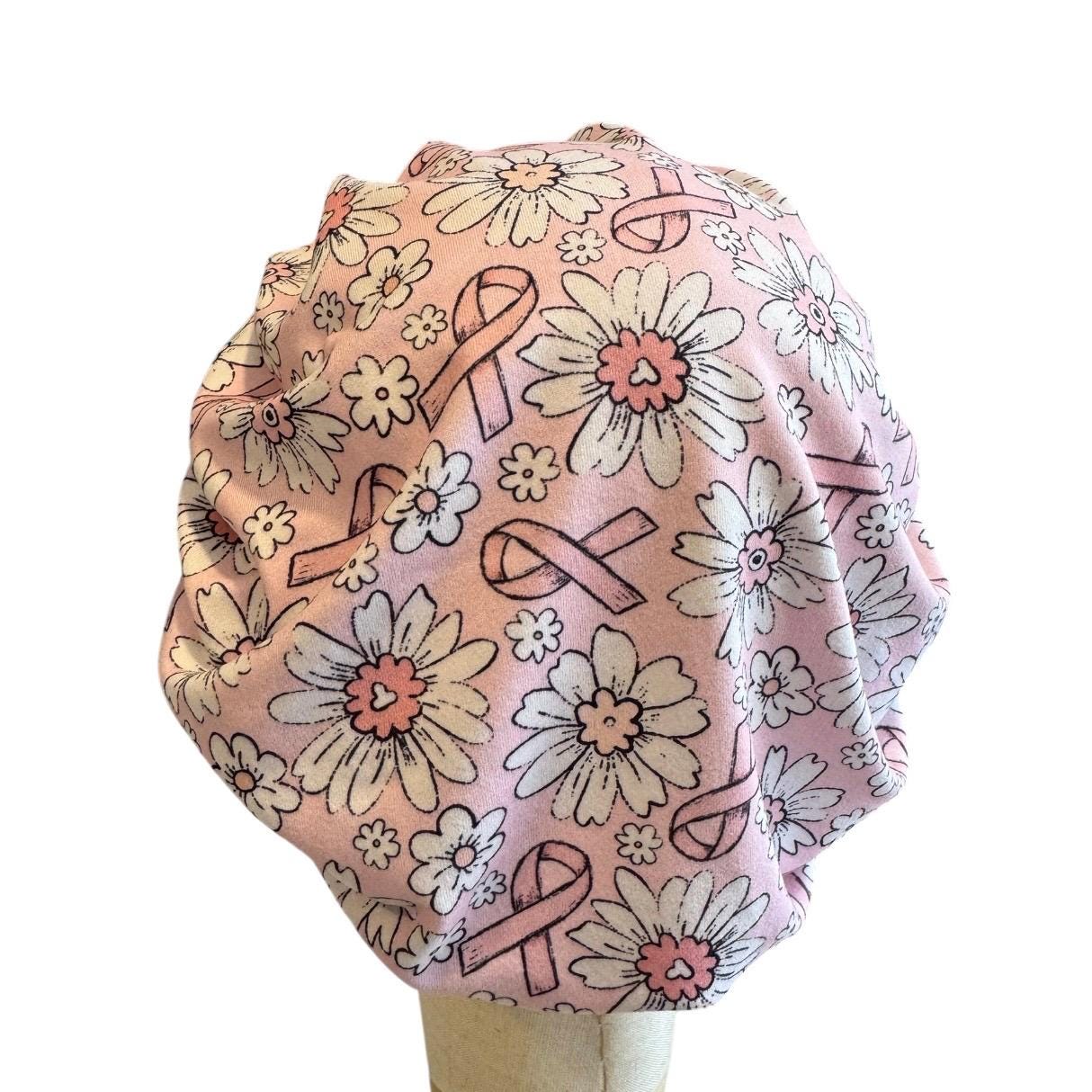 Pink Ribbon Bouffant Scrub Cap, Headband Style Scrub Cap, Breast Cancer Awareness