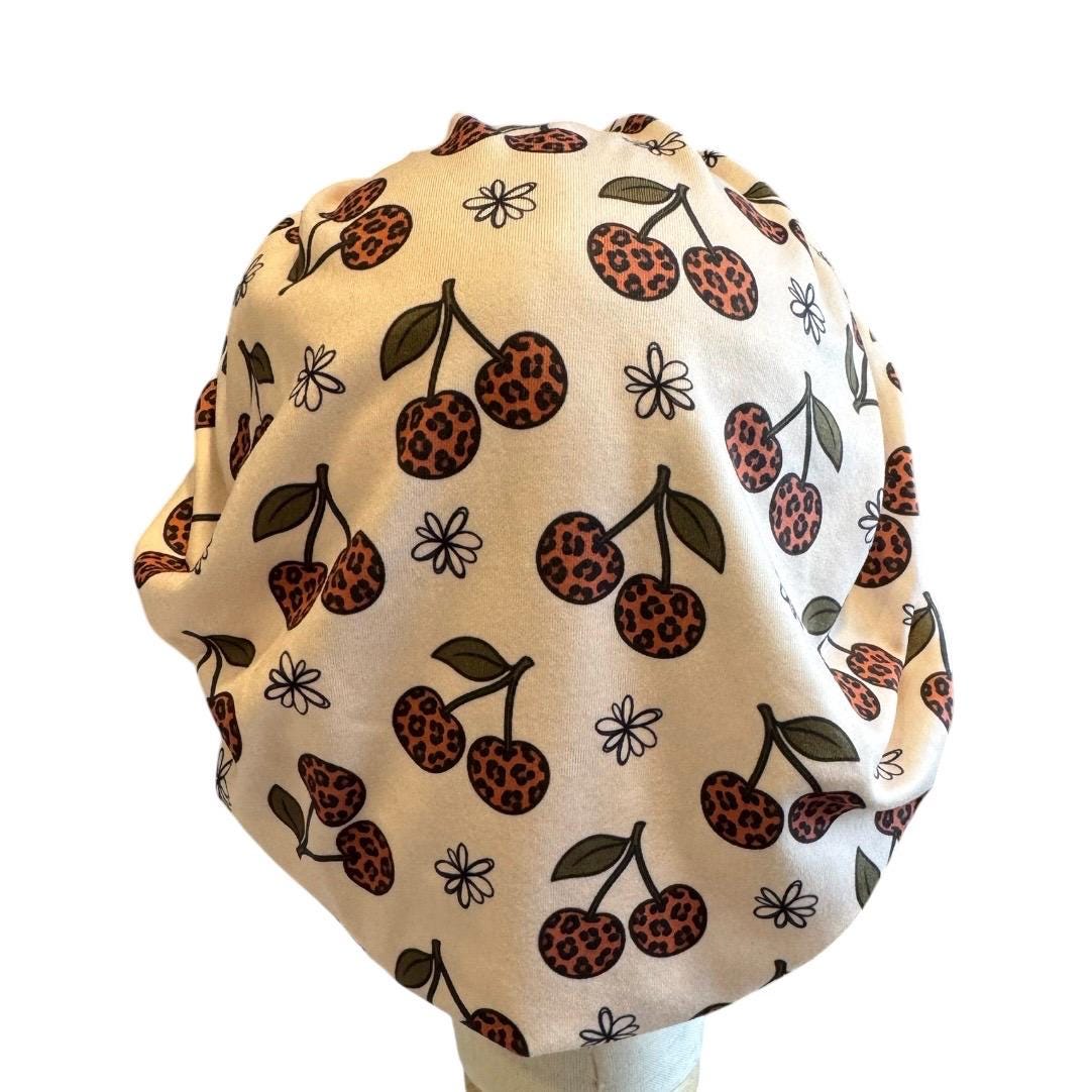 Cherry Cheetah Bouffant Scrub Cap, Headband Style Scrub Cap